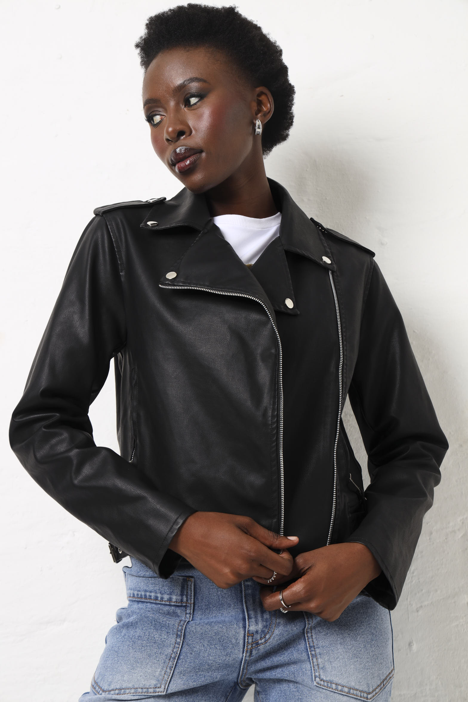 Double Tab Detail Pu Biker Jacket - Black - Image 6