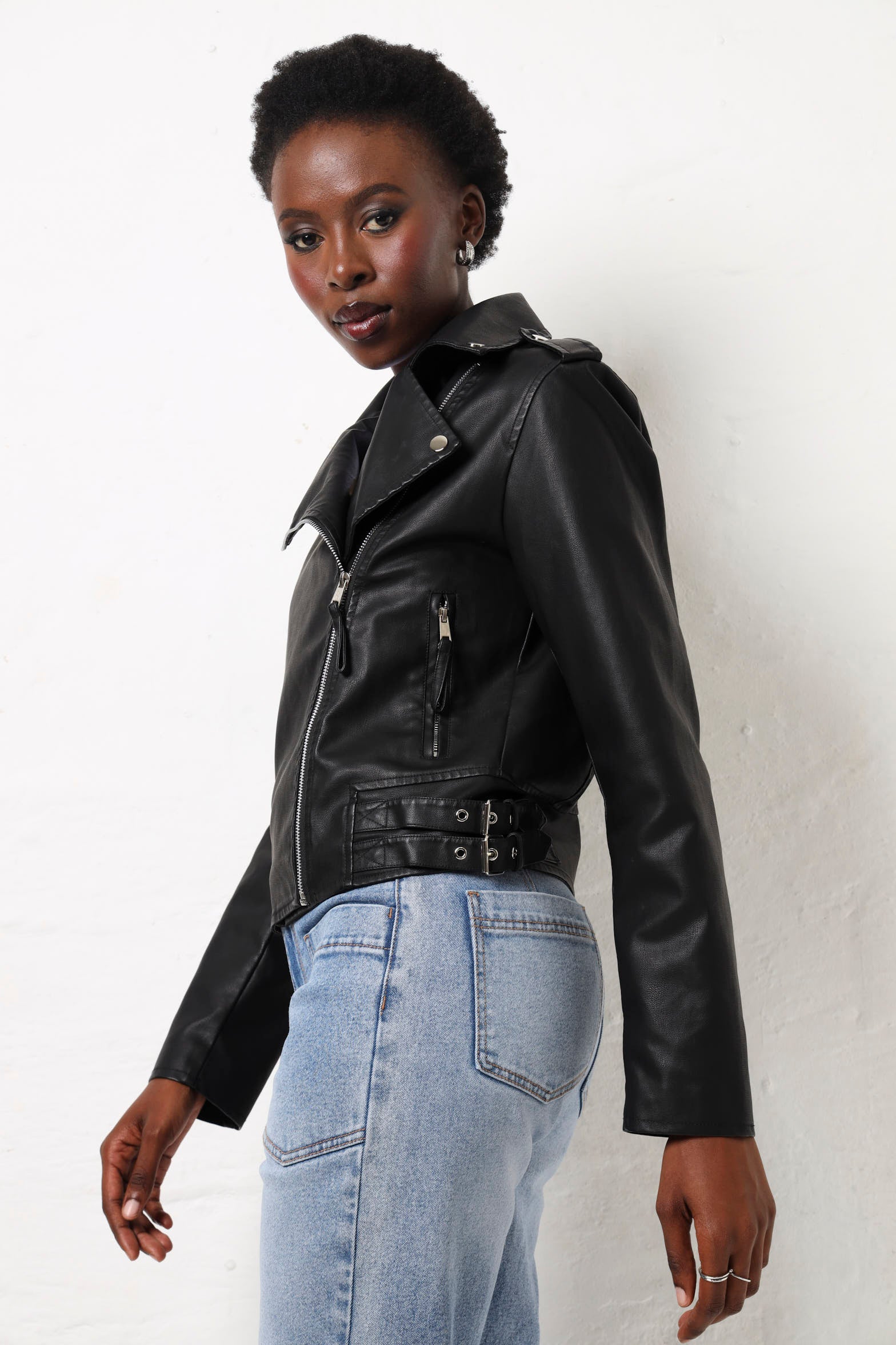 Double Tab Detail Pu Biker Jacket - Black - Image 7
