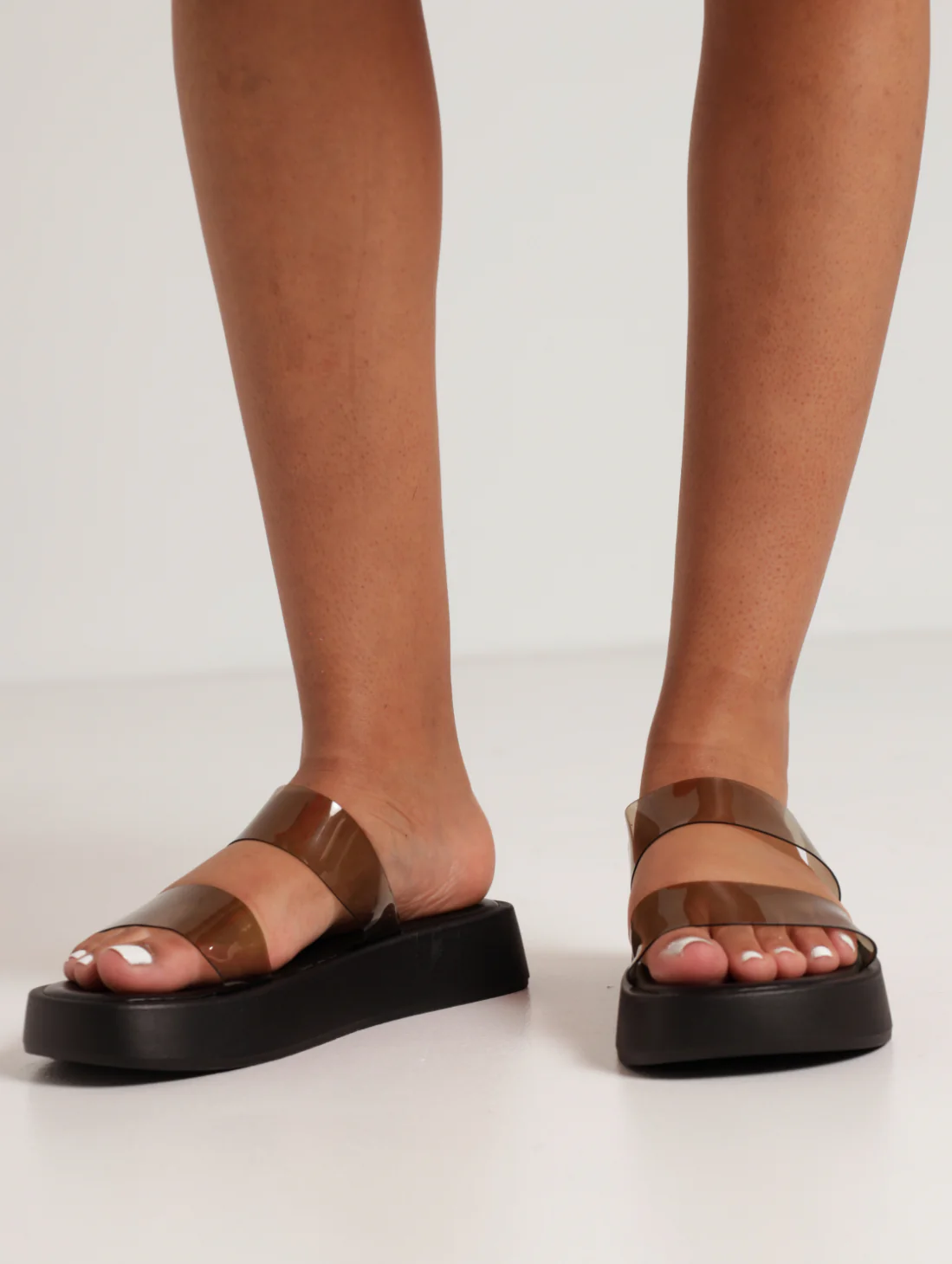Double Vinyl Strap Flatform Sandal - Black
