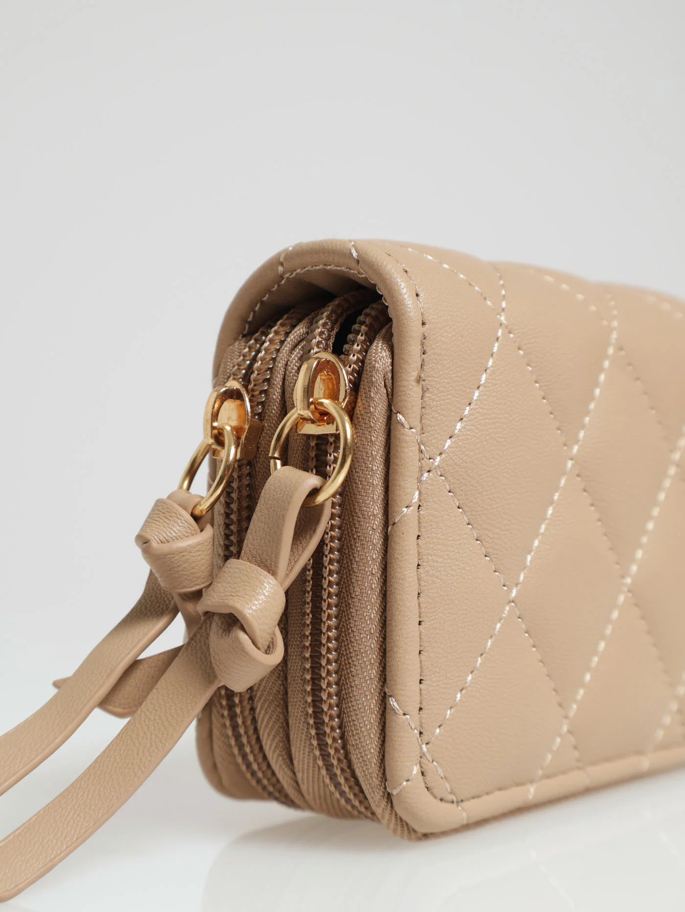 Double Zip Quilted Wallet With Pu Puller - Tan - Image 2