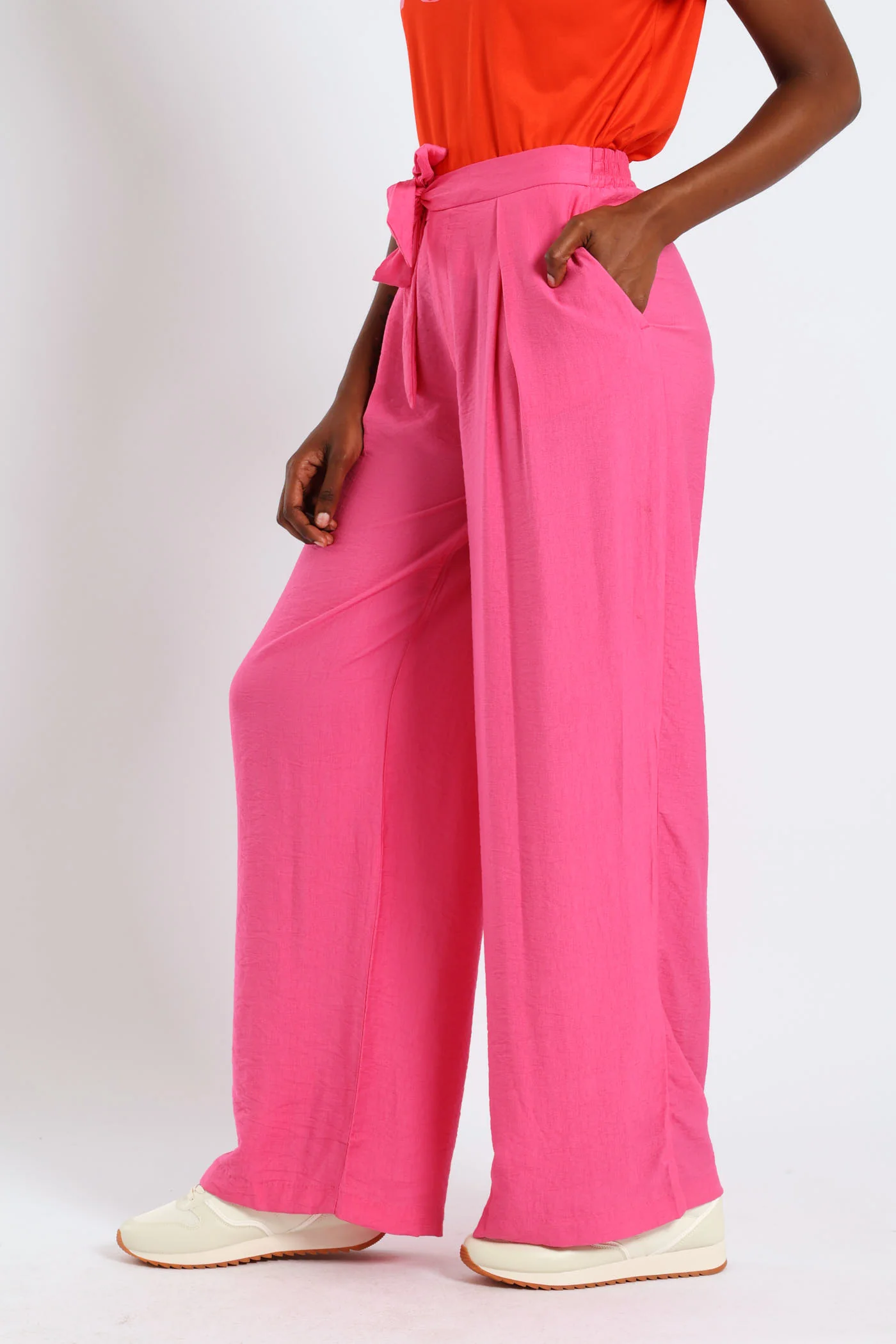 Drapey Tie Waist Wideleg Pants - Pink - Image 4