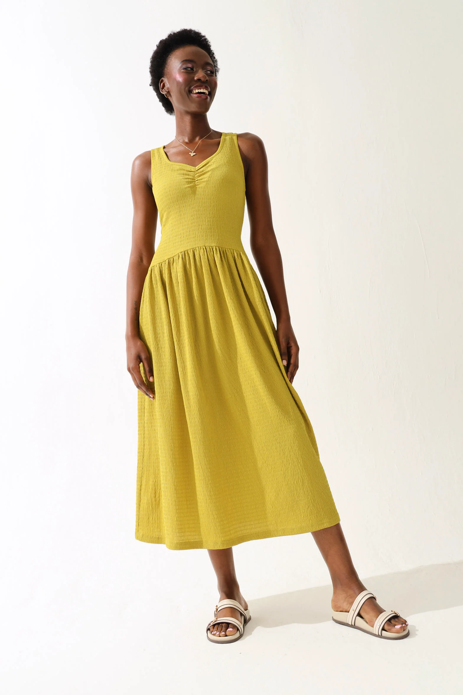 Drop Waist Crinkle Knit Maxi Dress - Chartreuse