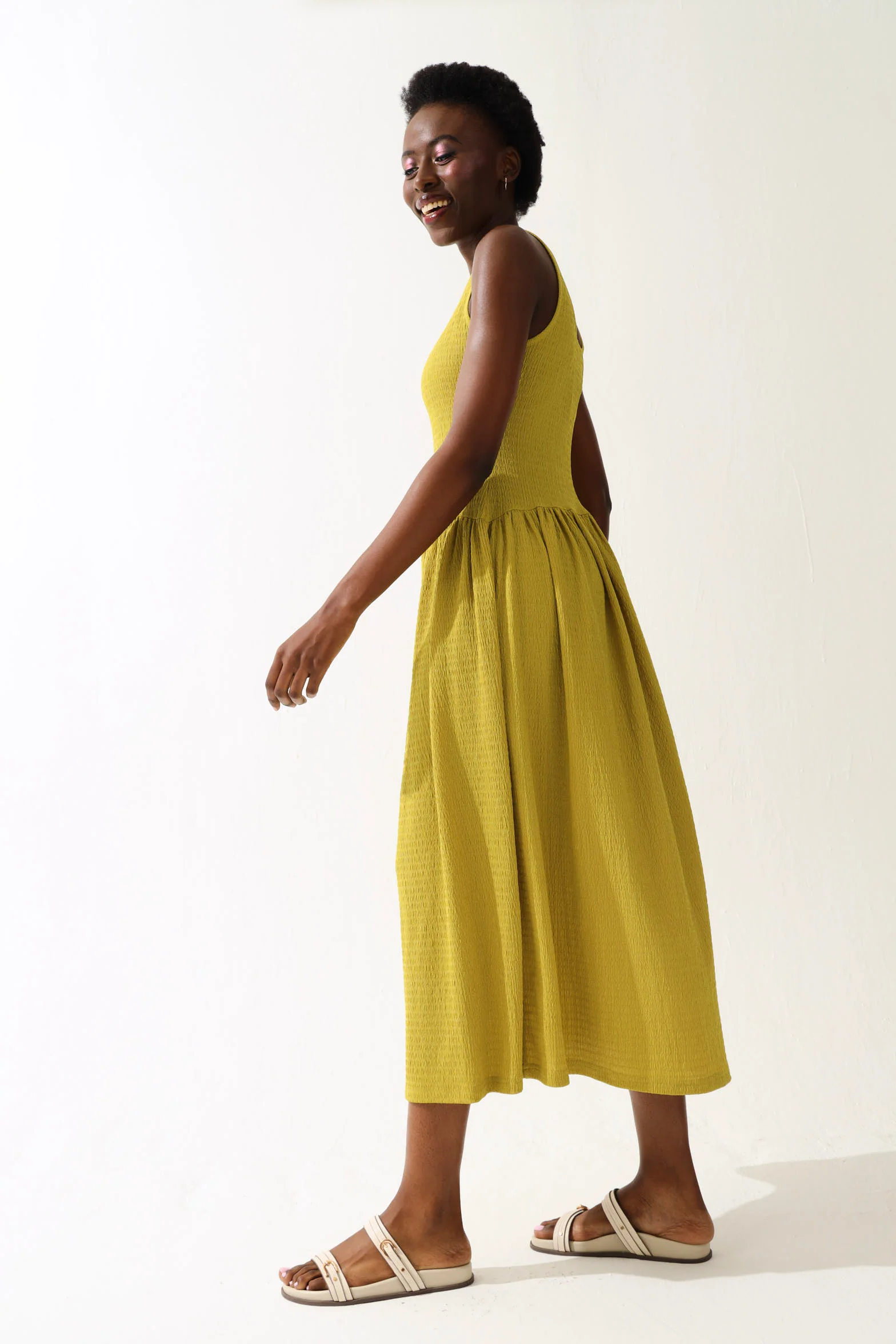 Drop Waist Crinkle Knit Maxi Dress - Chartreuse - Image 2