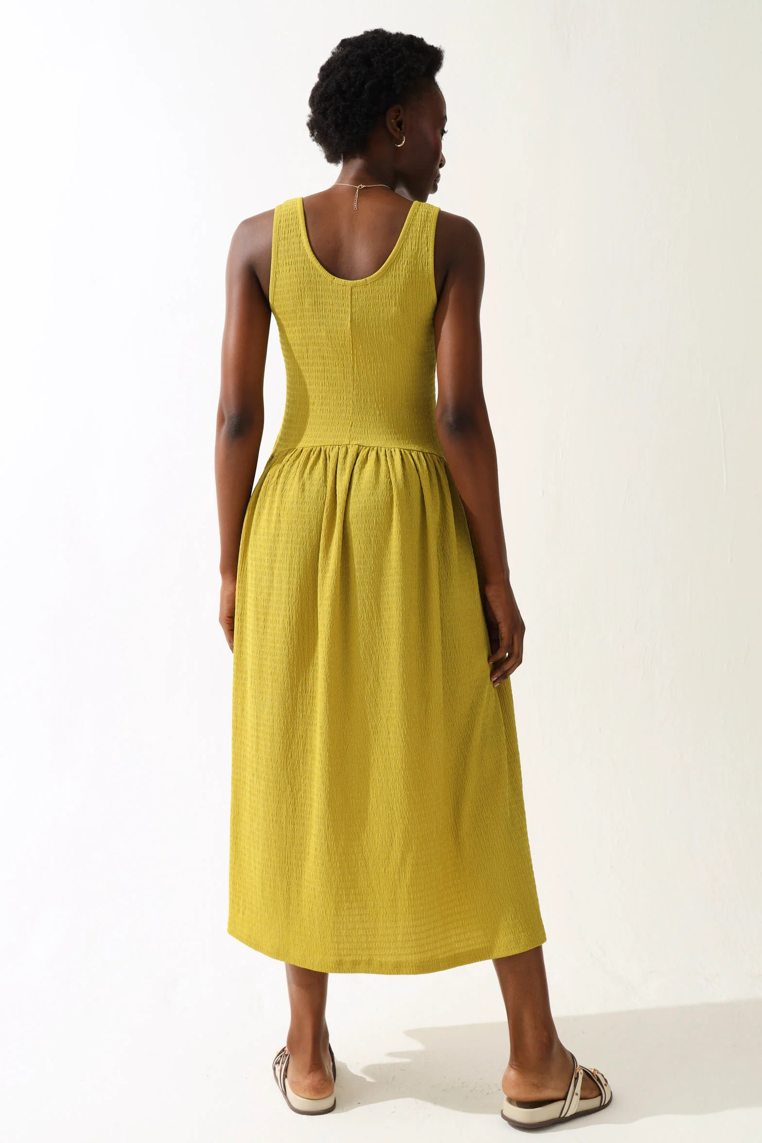 Drop Waist Crinkle Knit Maxi Dress - Chartreuse - Image 3