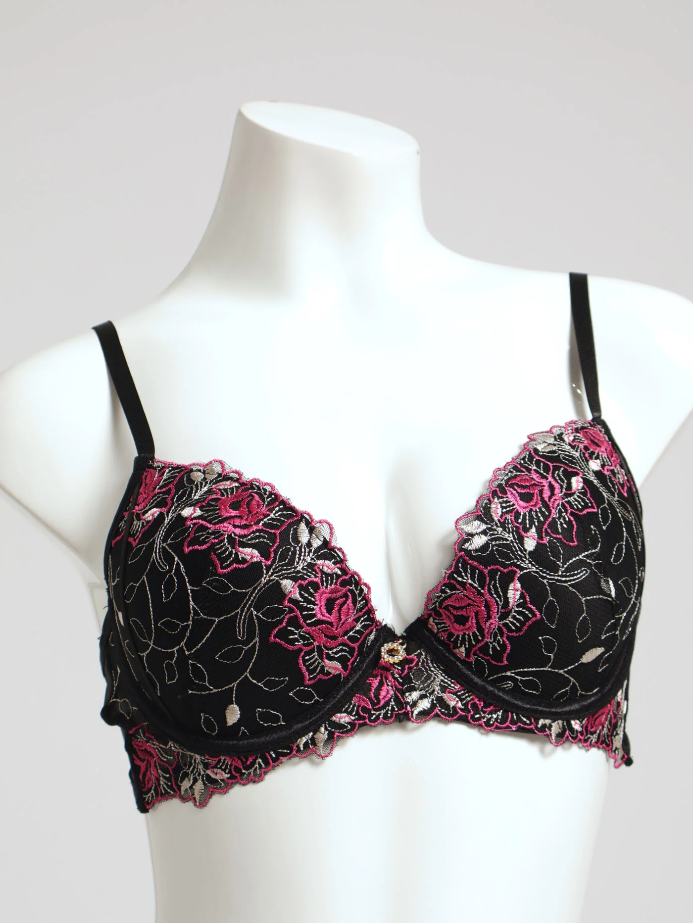 Duo-Tone Embroidery Plunge Bra - Black