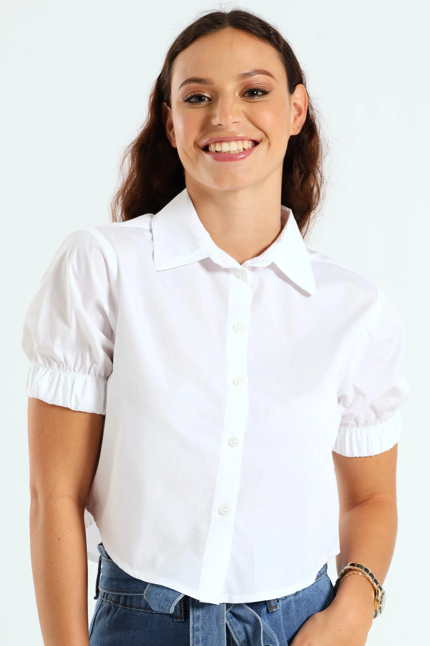 Elastic Sleeve Poplin Shirt - White
