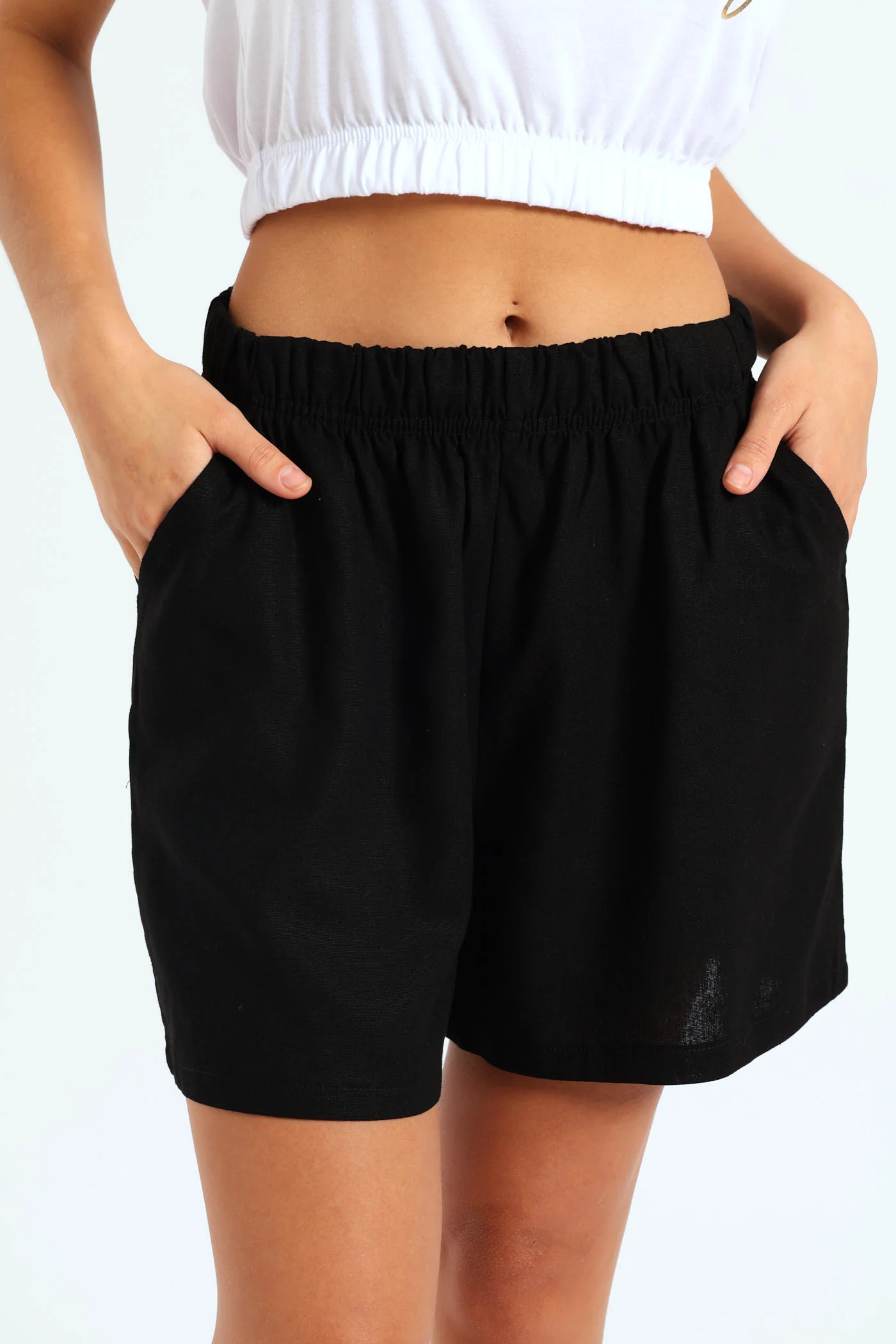 Elastic Waist Linen Shorts - Black - Image 2
