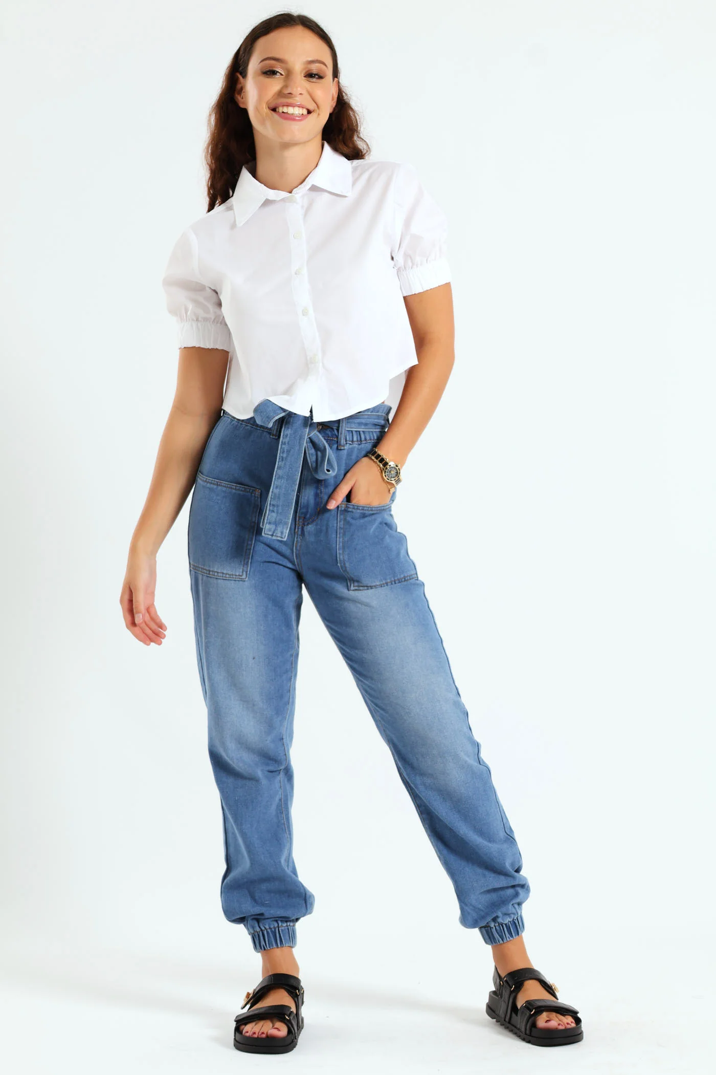 Elasticated Belted Jogger Jean - Medium Wash - Image 3