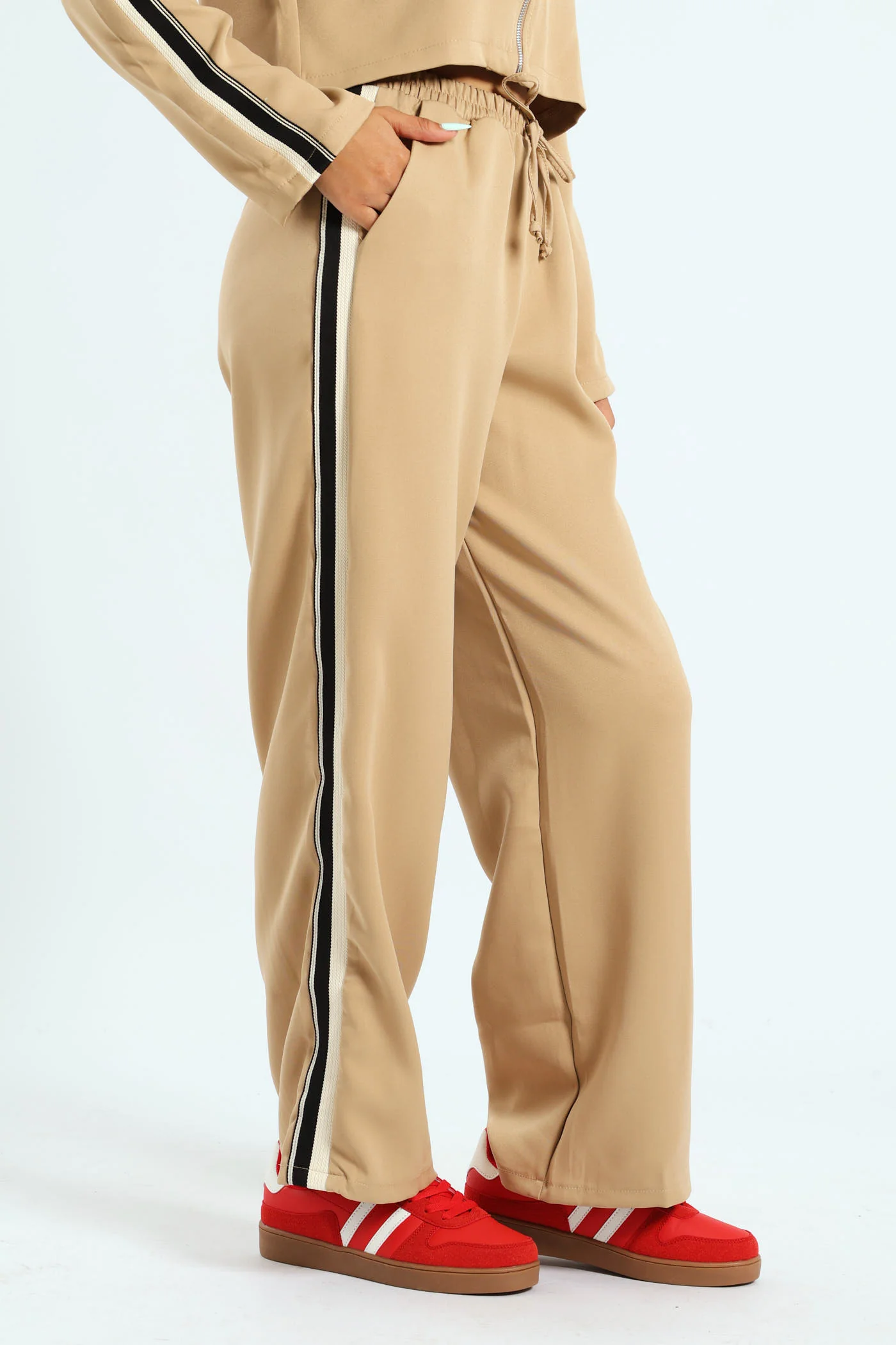 Elasticated Contrast Tape Barbi Pants - Beige - Image 2