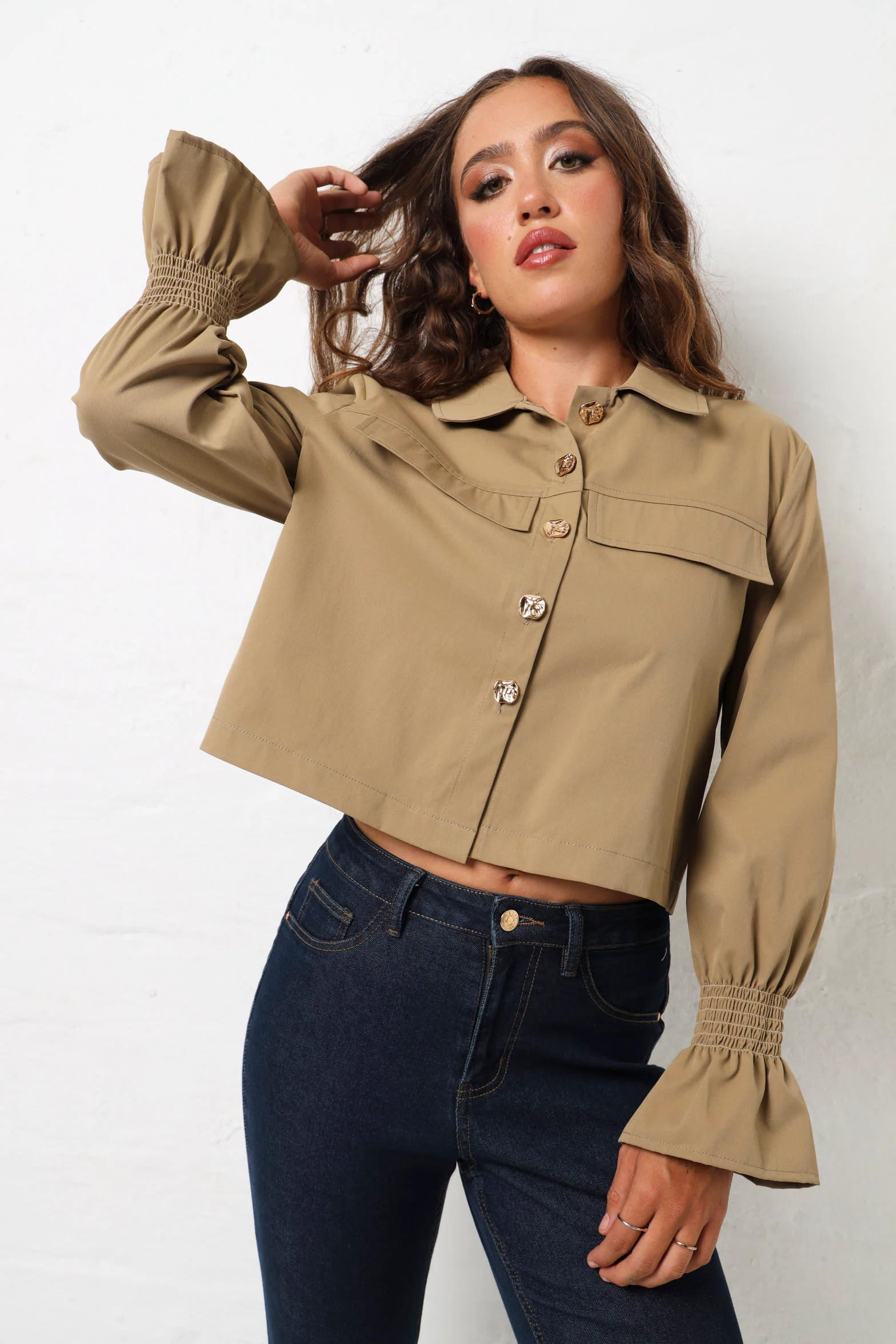 Elasticated Cuff Button Down Shirt - Stone