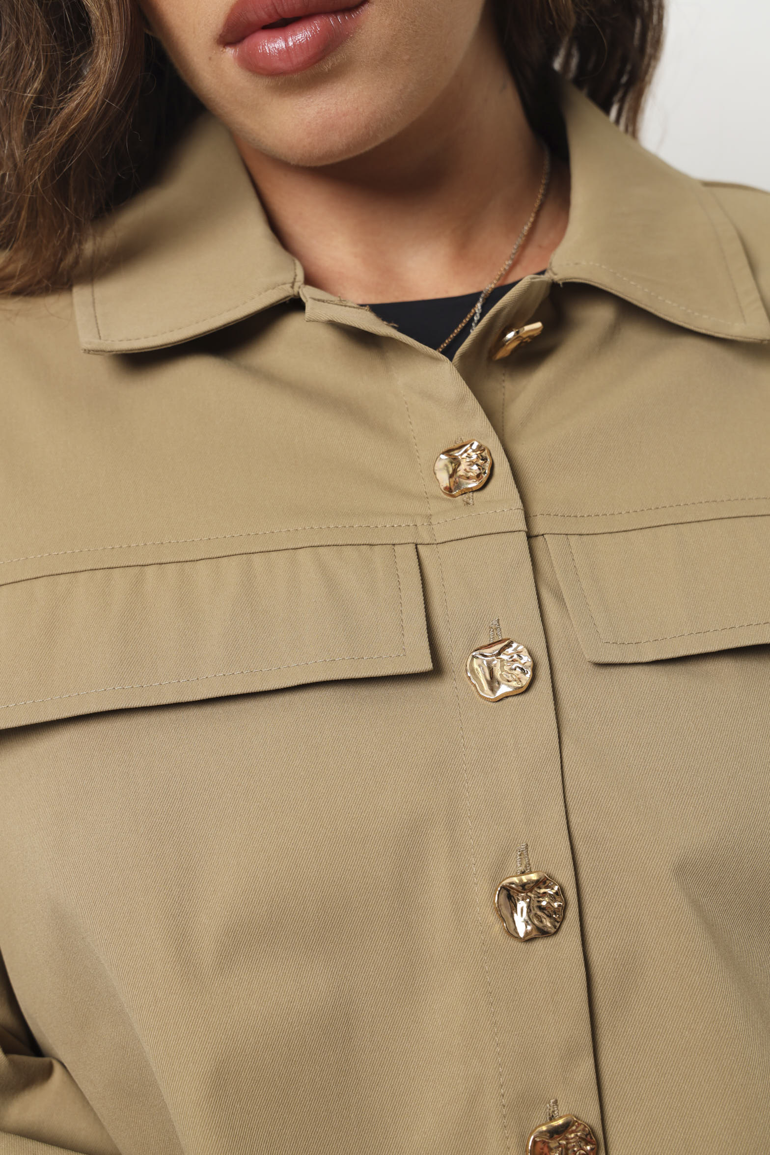 Elasticated Cuff Button Down Shirt - Stone - Image 3