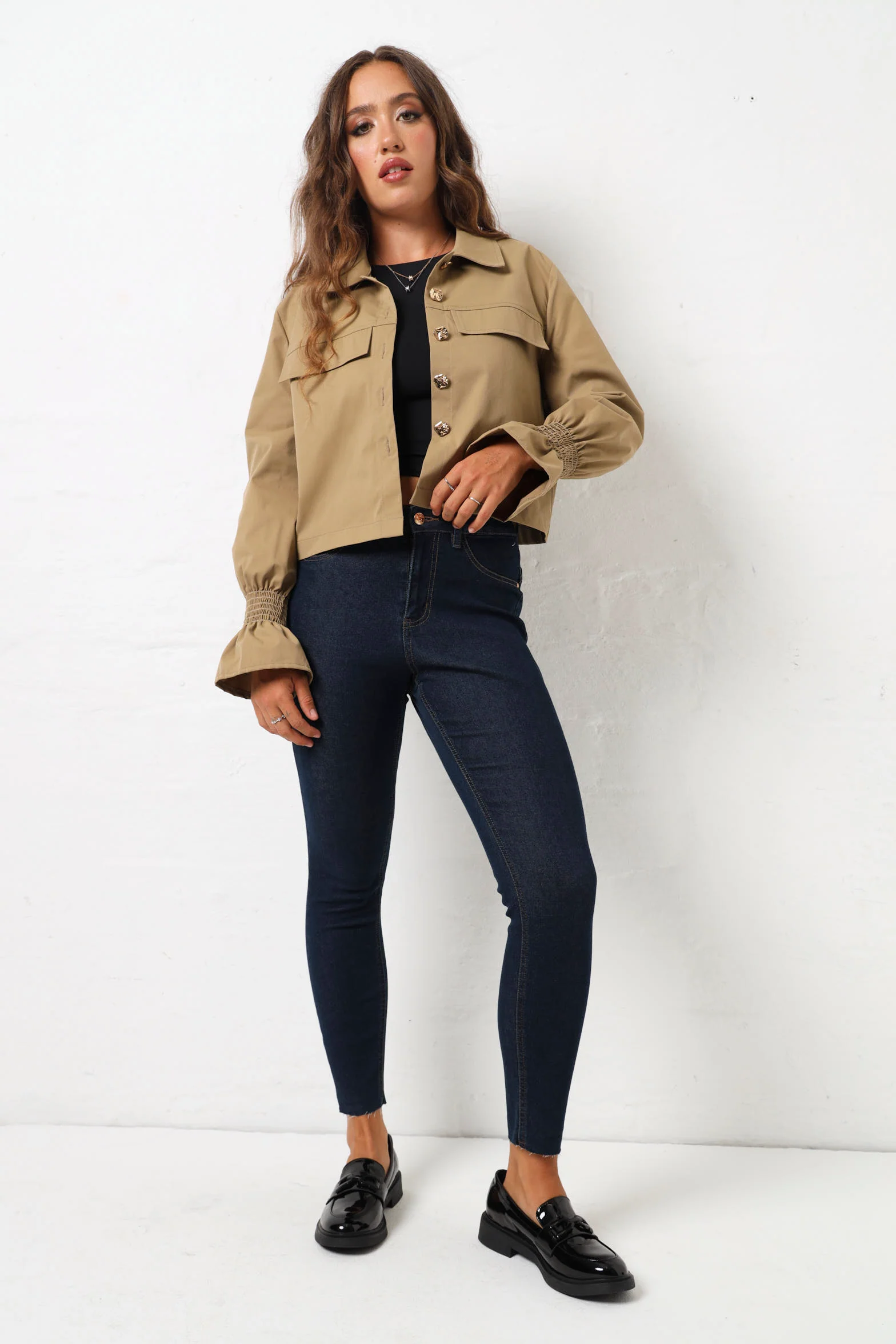Elasticated Cuff Button Down Shirt - Stone - Image 7