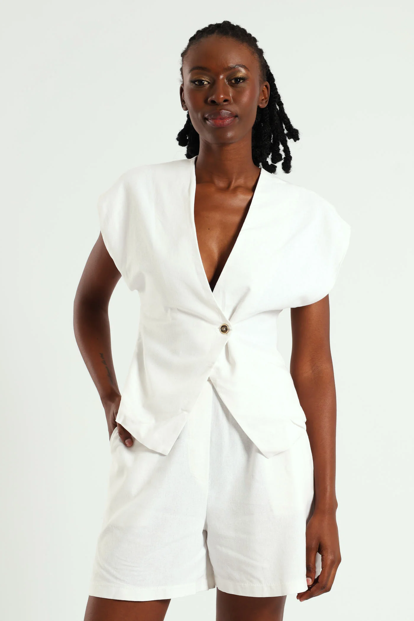 Elasticated Long Length Linen Look Shorts - White - Image 6