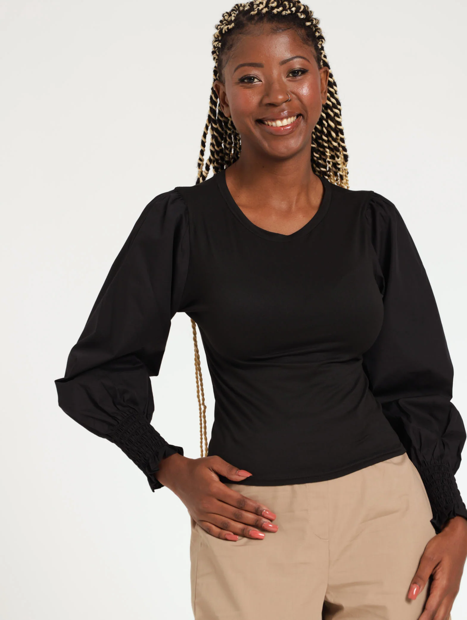 Elasticated Long Sleeve Top - Black