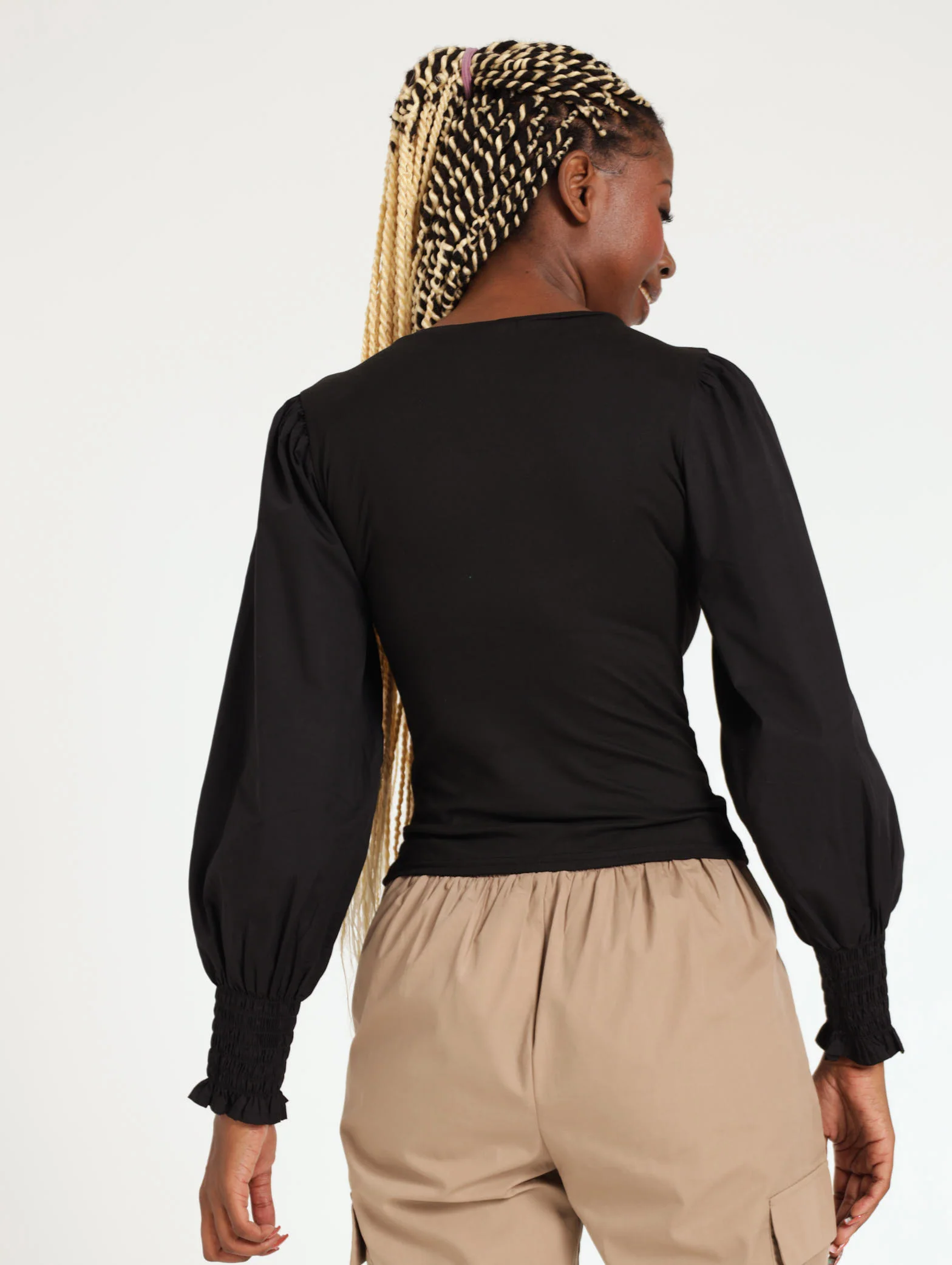 Elasticated Long Sleeve Top - Black - Image 3