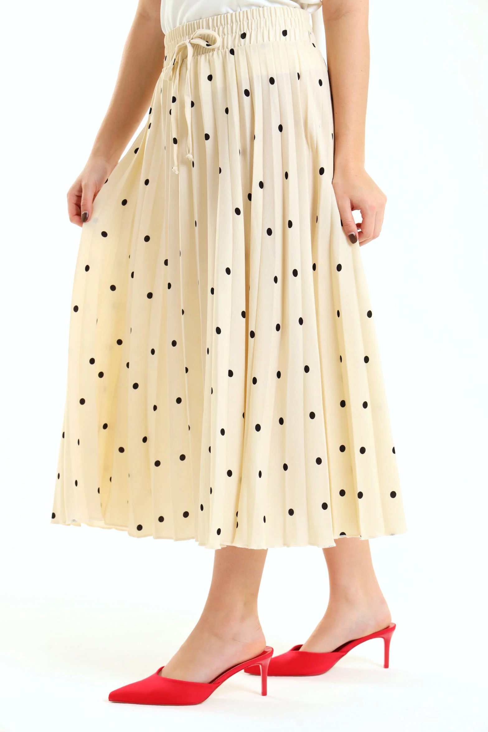 Elasticated Pleated Skirt - Cream/Black - Image 3