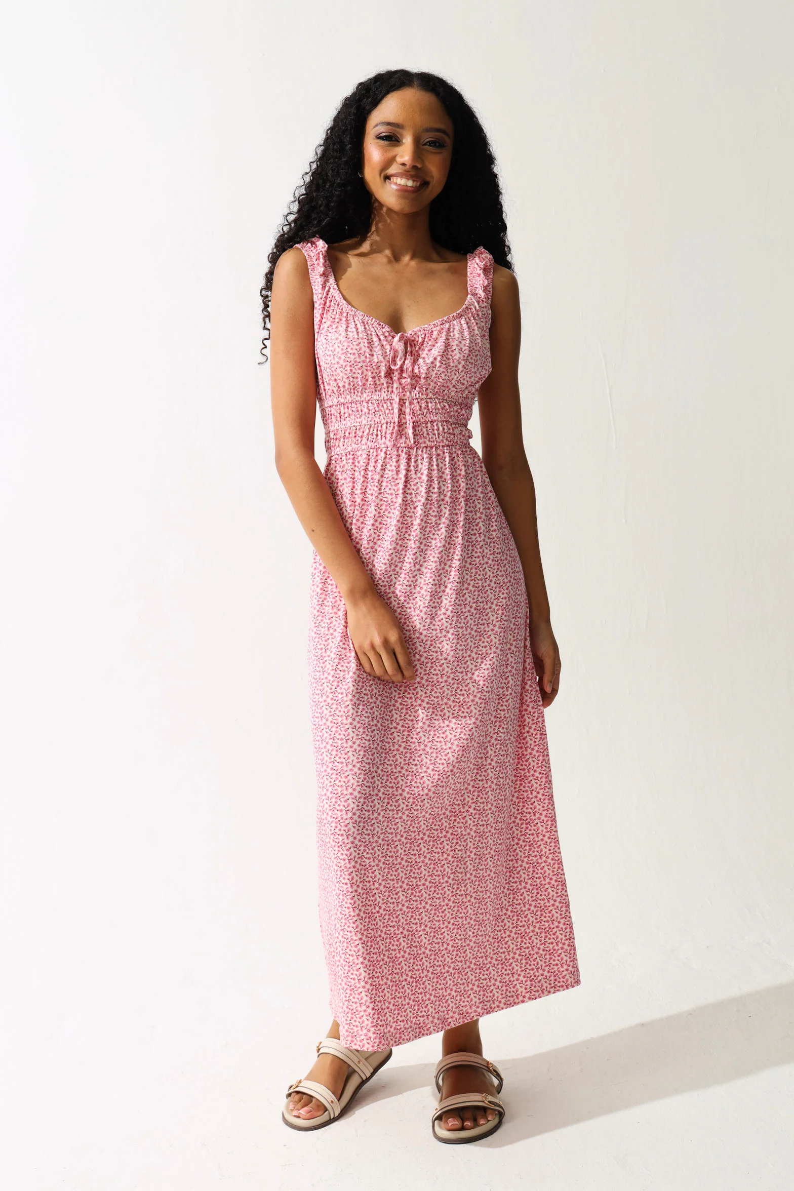 Elasticated Printed Floral Midi Dress - Multi