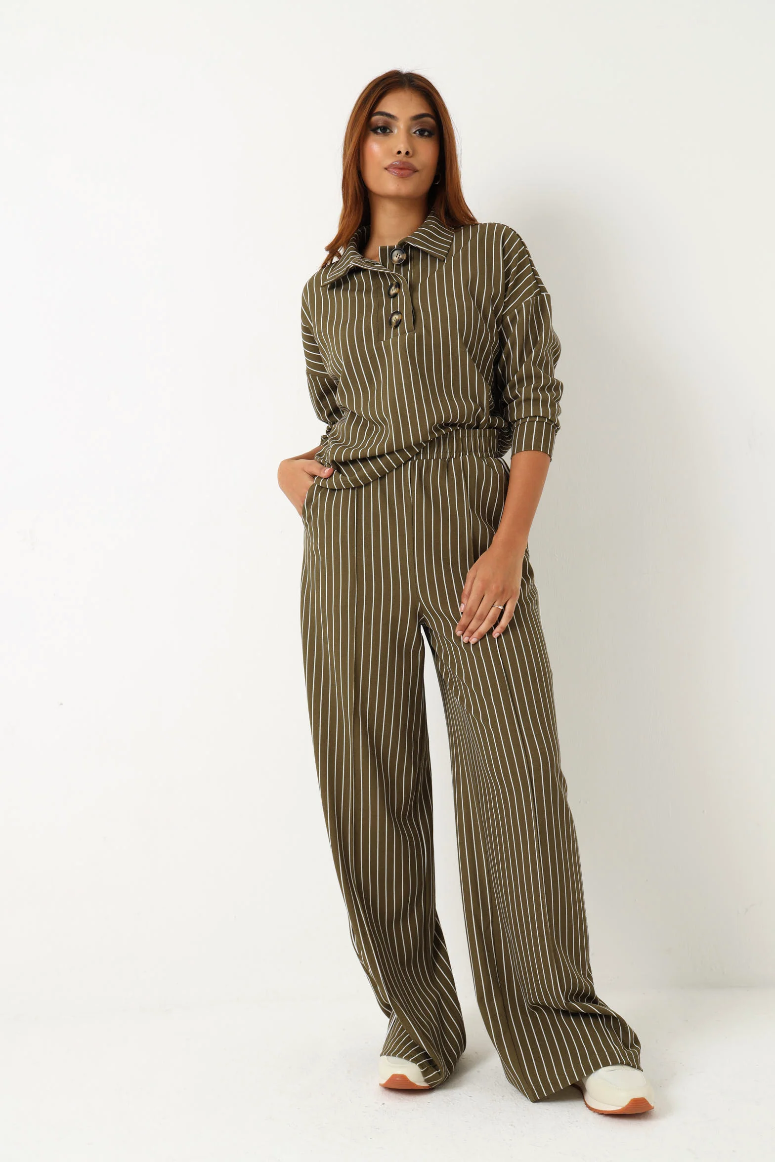 Elasticated Stripe Knit Wide Leg Pant - Fatigue - Image 5