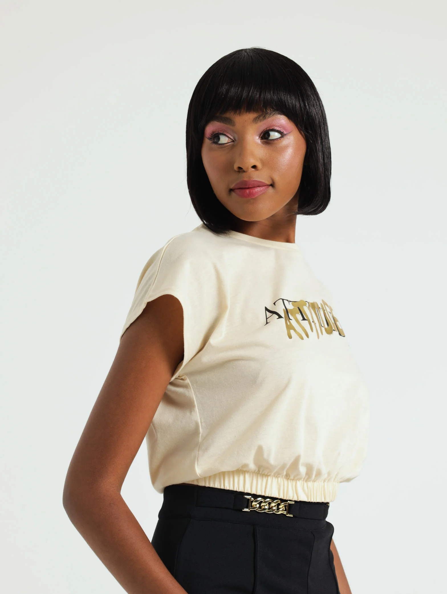 Elasticated Waist Detail Icon Top - Stone - Image 2