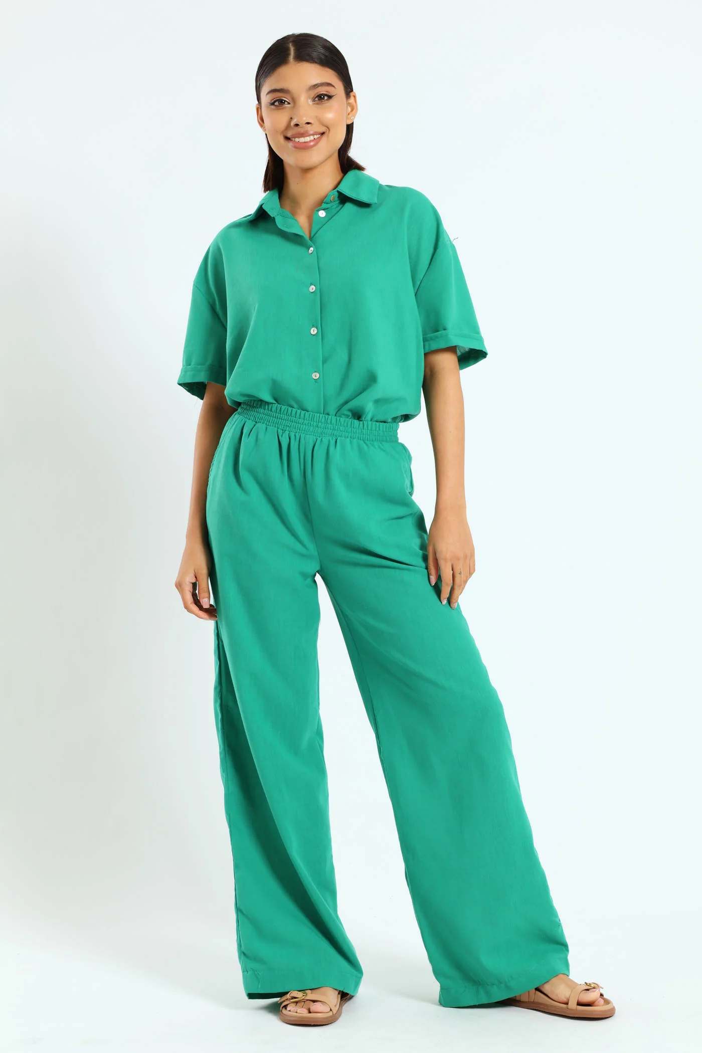 Elasticated Waist Green Linen Pants - Green - Image 2