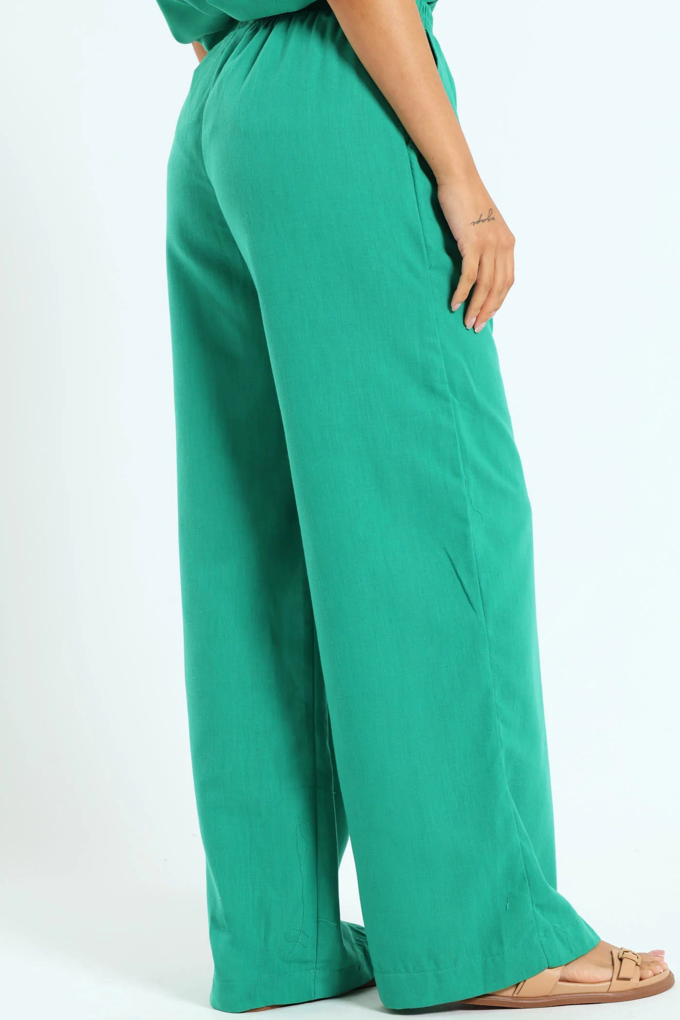 Elasticated Waist Green Linen Pants - Green - Image 3