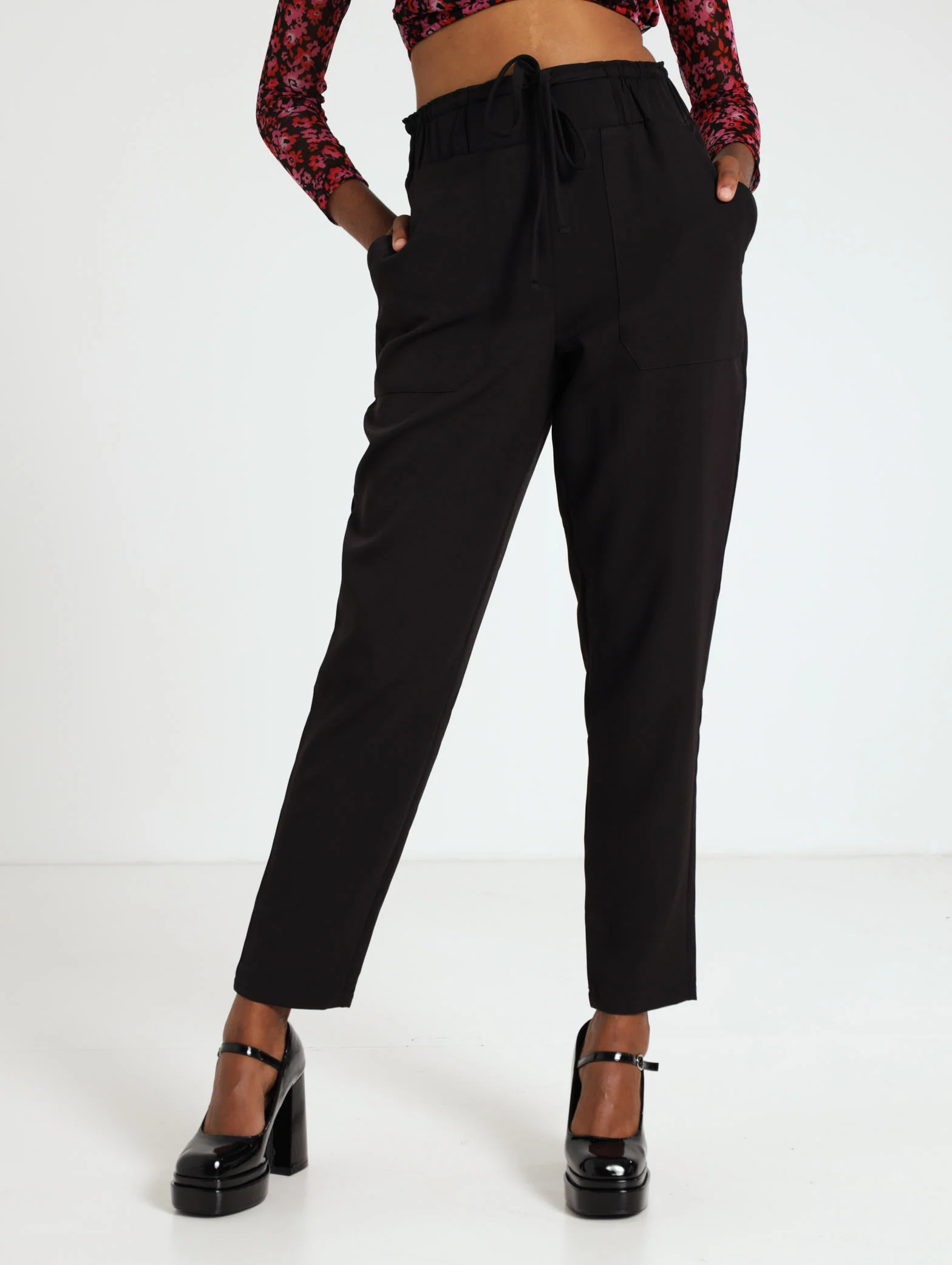 Elasticated Waist Tie Stright Leg Pants