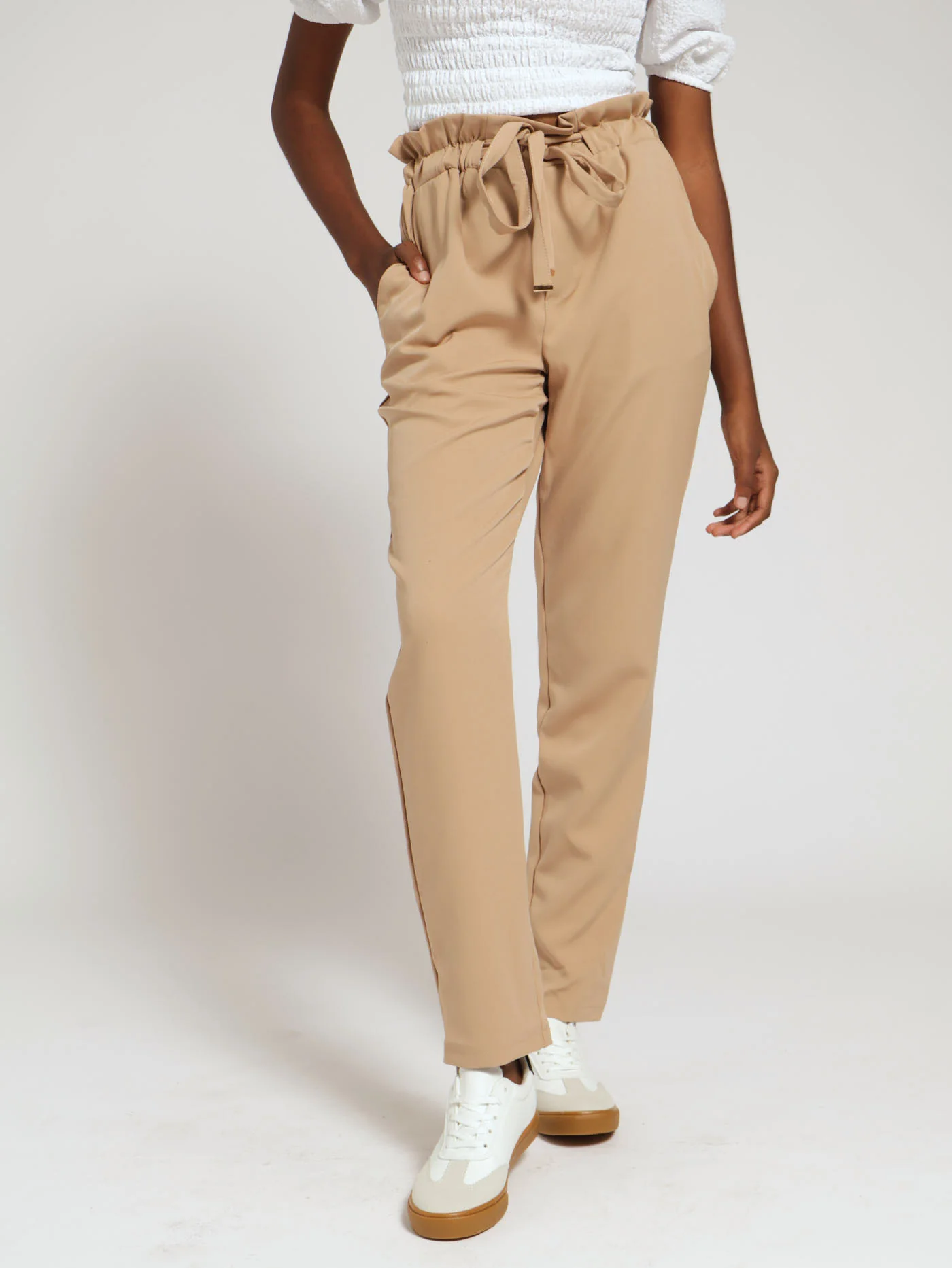 Elasticated Waistband Tie Pants - Beige