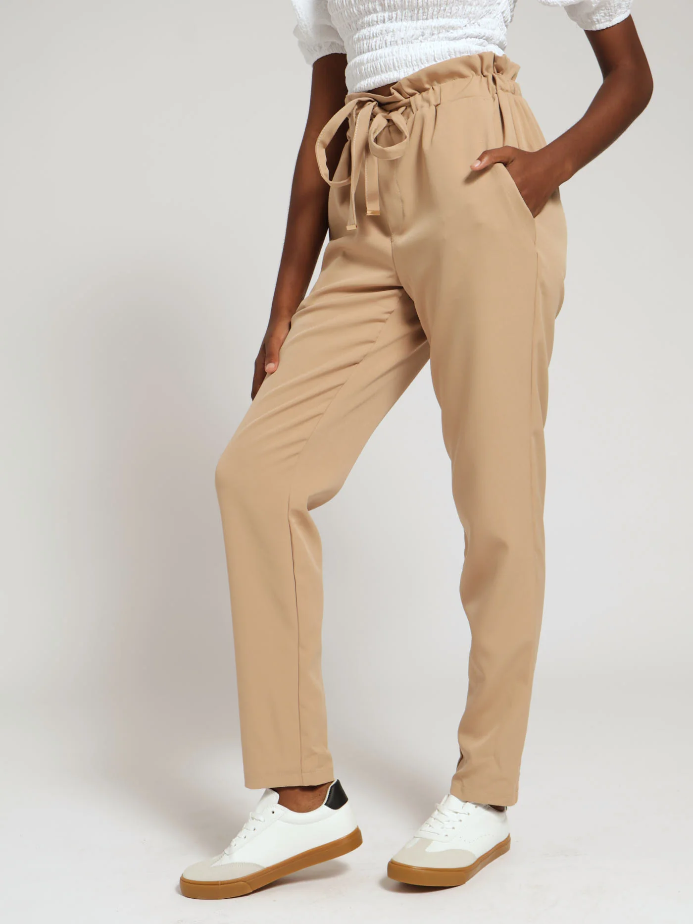 Elasticated Waistband Tie Pants - Beige - Image 2