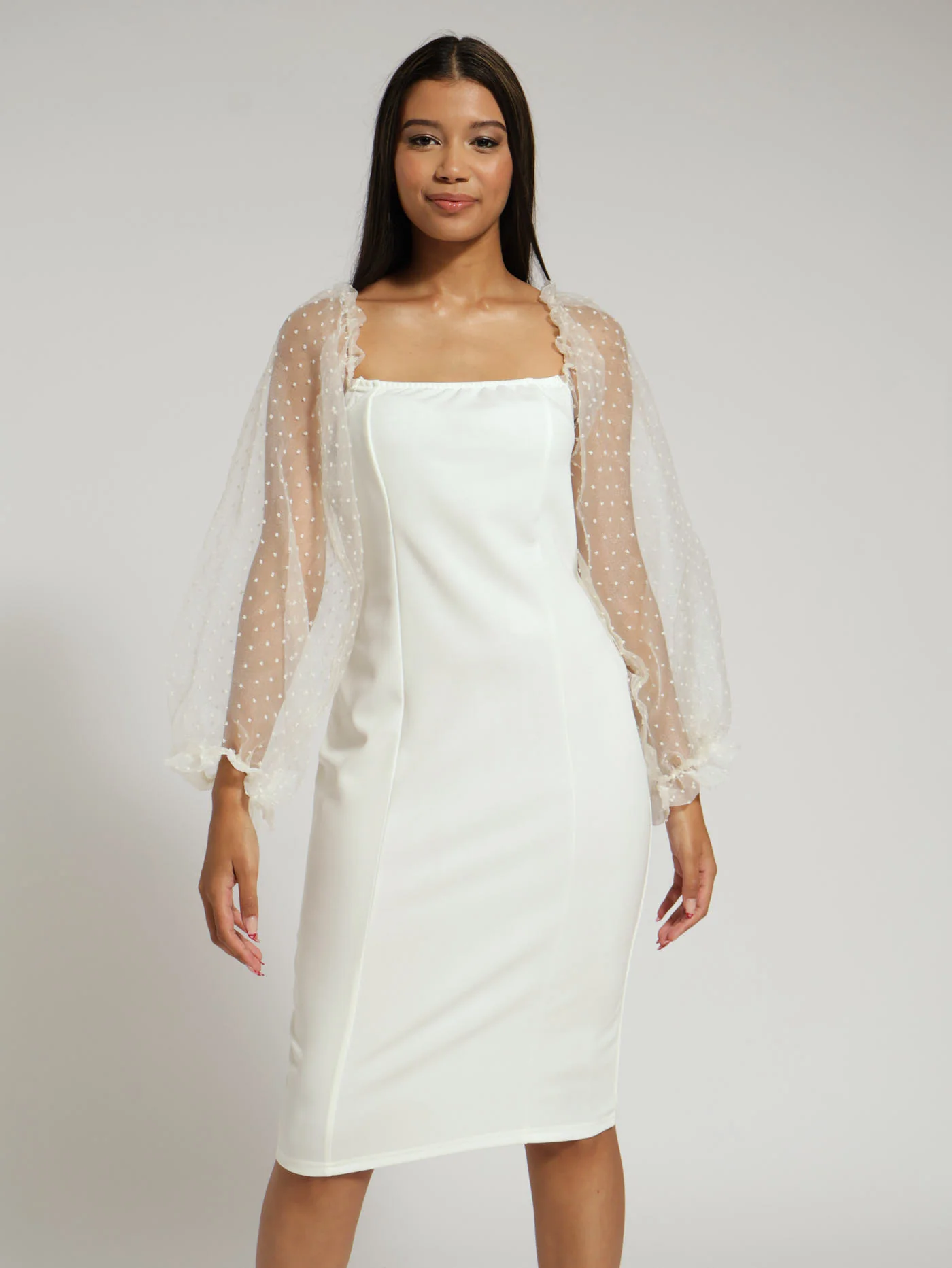 Elstic Tier Frill Sleeve Detail Bodycon Dress - Cream