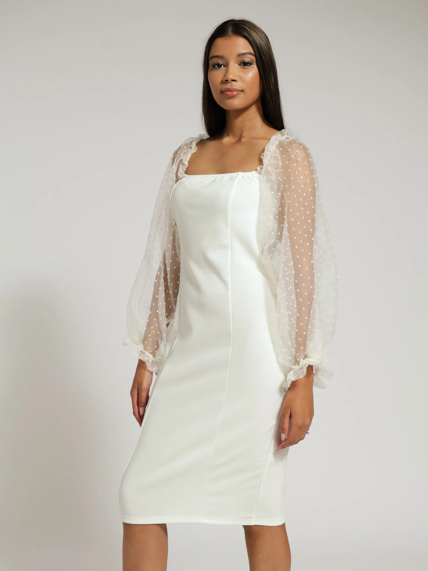 Elstic Tier Frill Sleeve Detail Bodycon Dress - Cream - Image 2