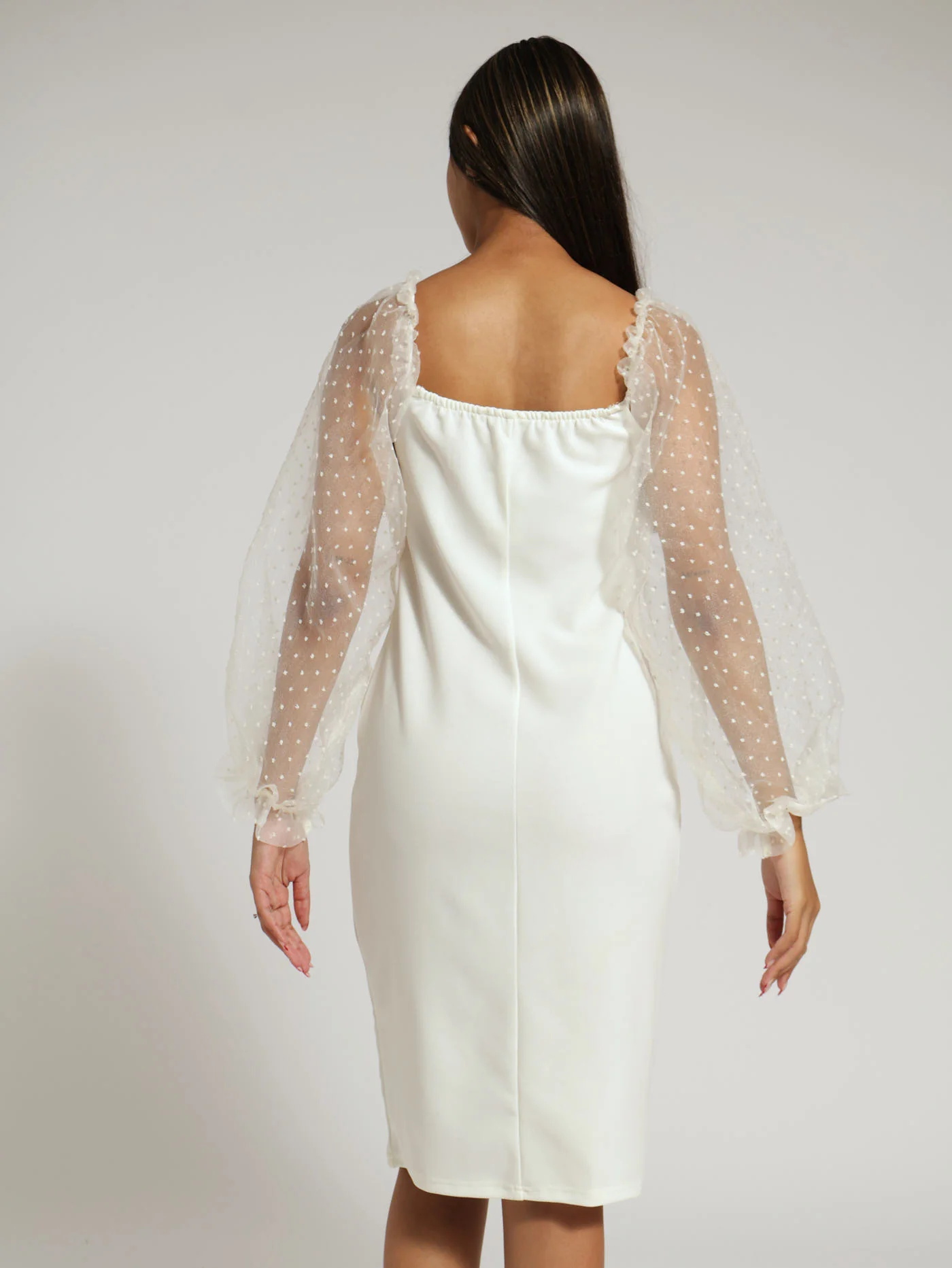 Elstic Tier Frill Sleeve Detail Bodycon Dress - Cream - Image 3