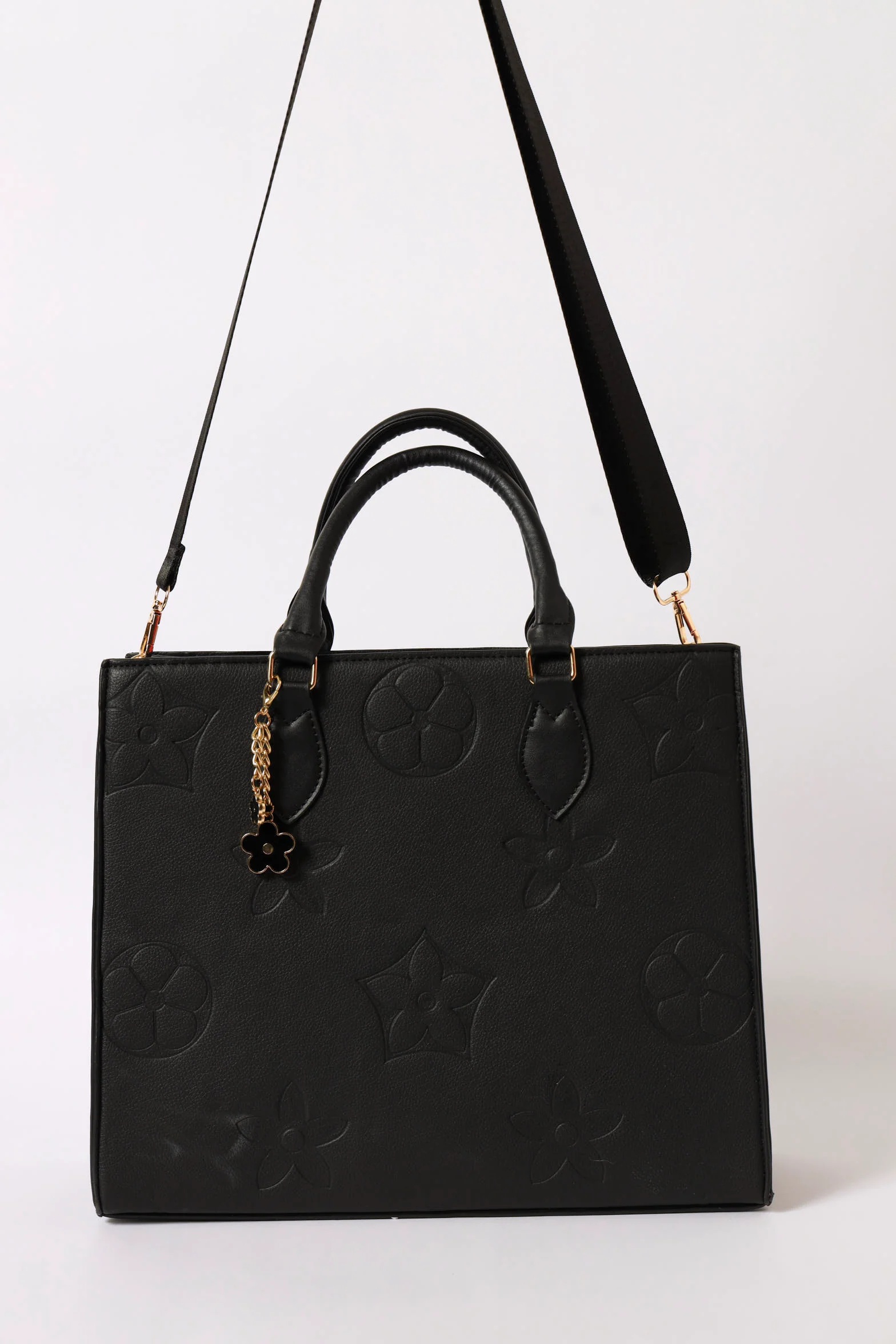 Embossed Charm Detail Tote Bag - Black