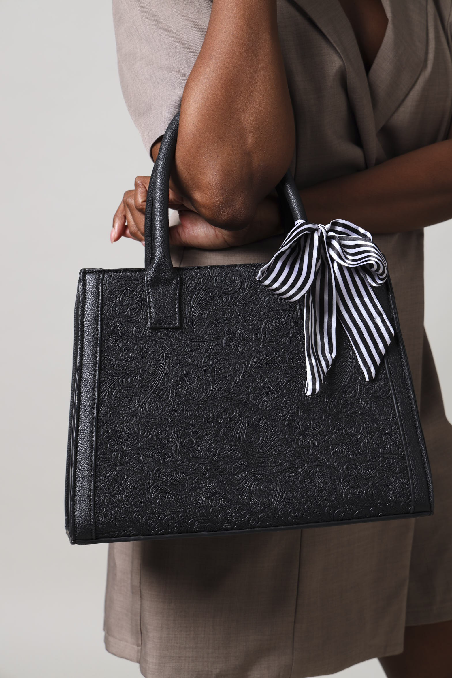 Embossed Floral Scarf Detail Tote Bag - Black