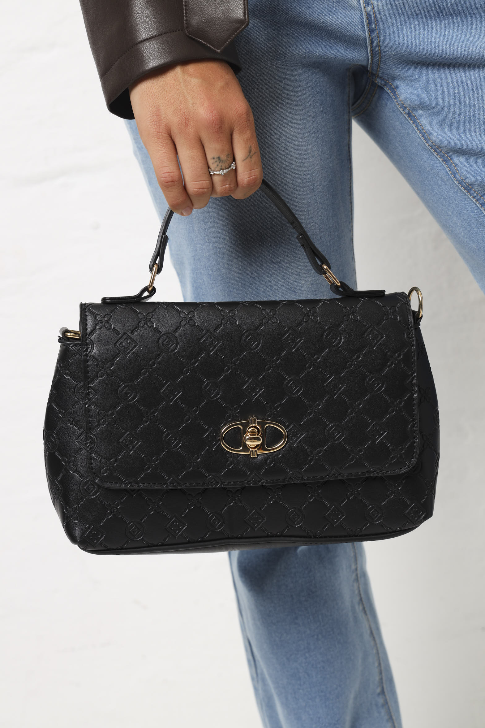 Embossed Logo Monogram Metal Clasp Satchel - Black