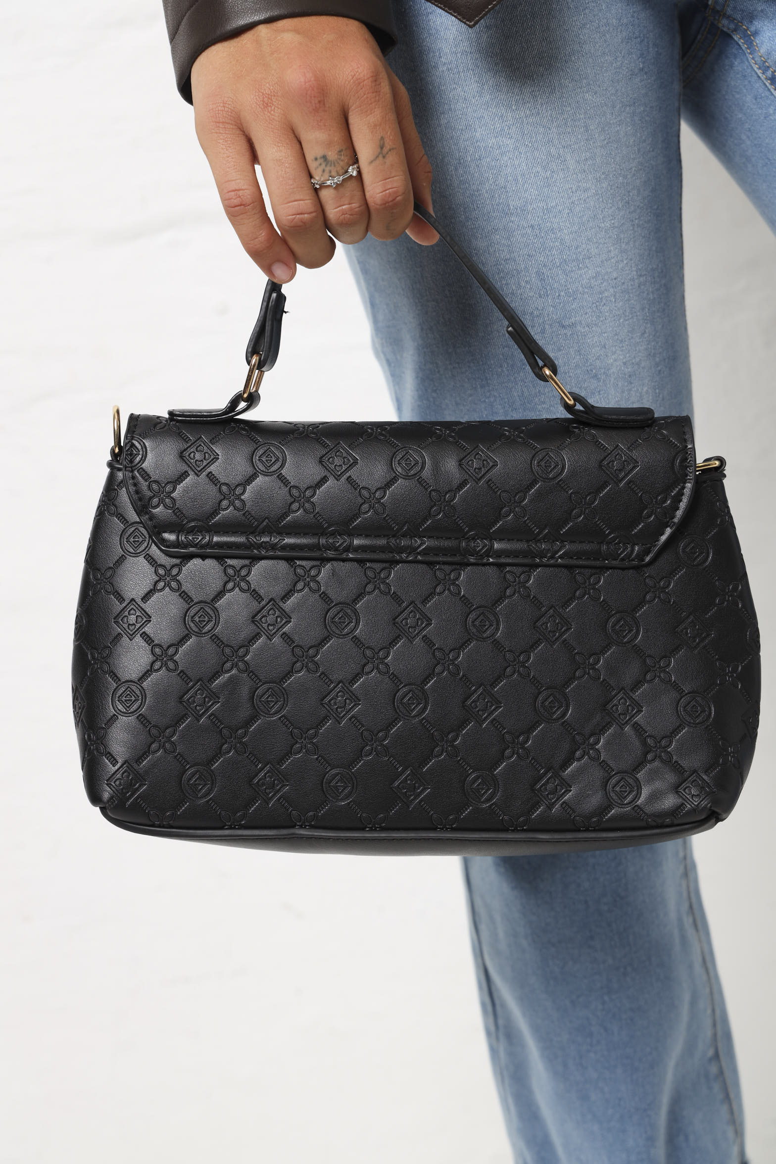 Embossed Logo Monogram Metal Clasp Satchel - Black - Image 3