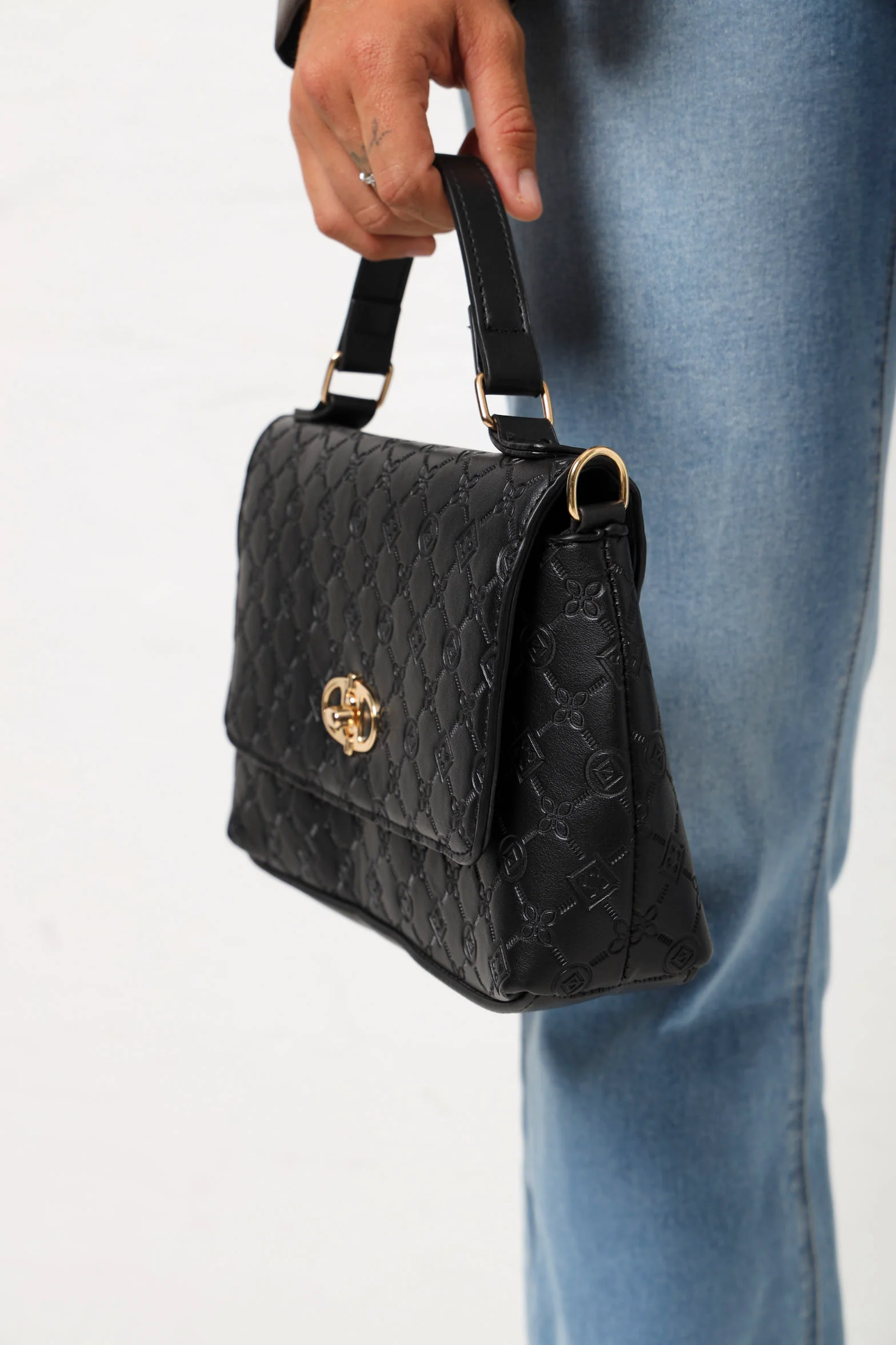 Embossed Logo Monogram Metal Clasp Satchel - Black - Image 4