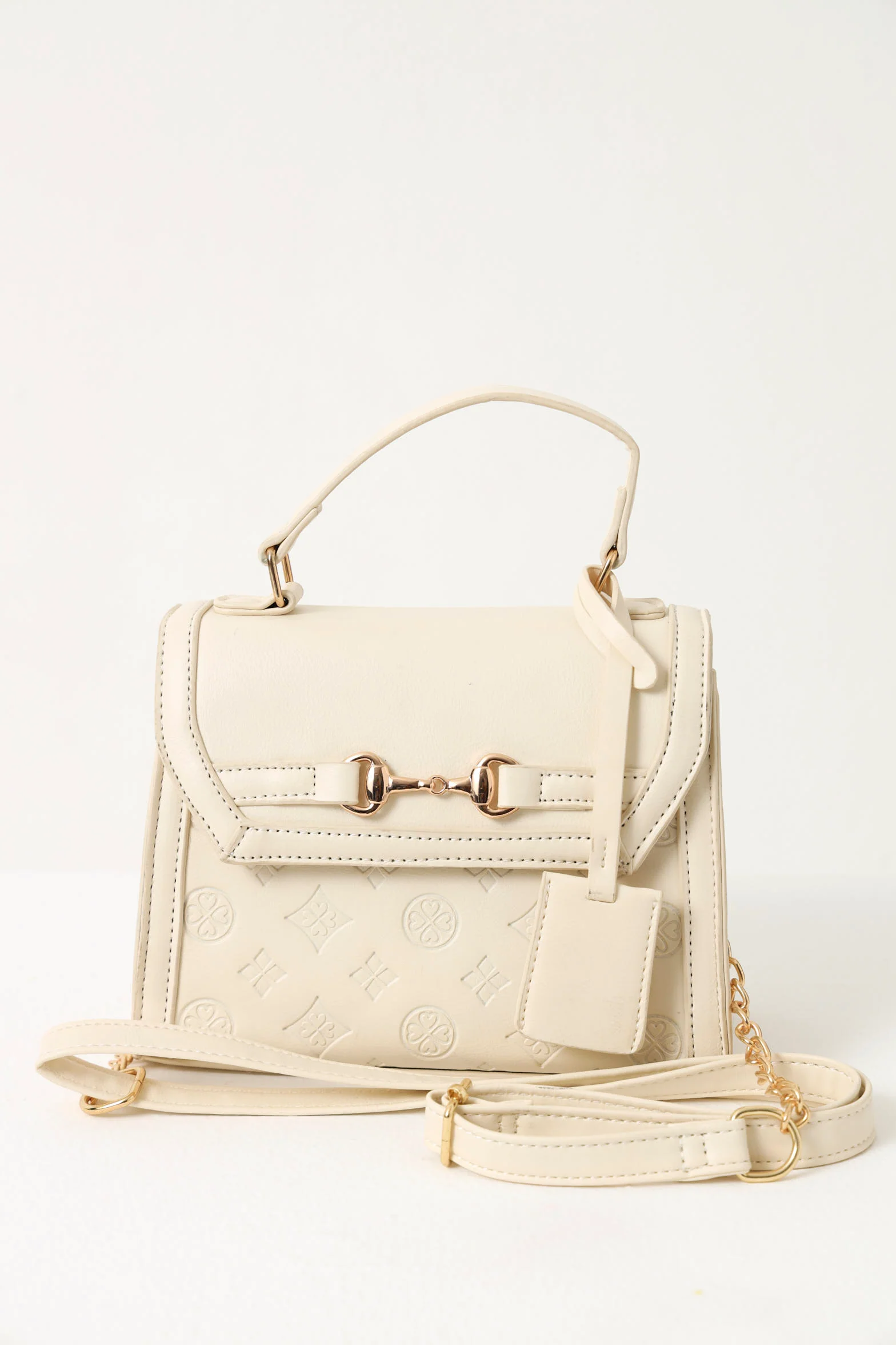 Embossed Logo Tab Charm Metal Clasp Satchel Bag -  Cream