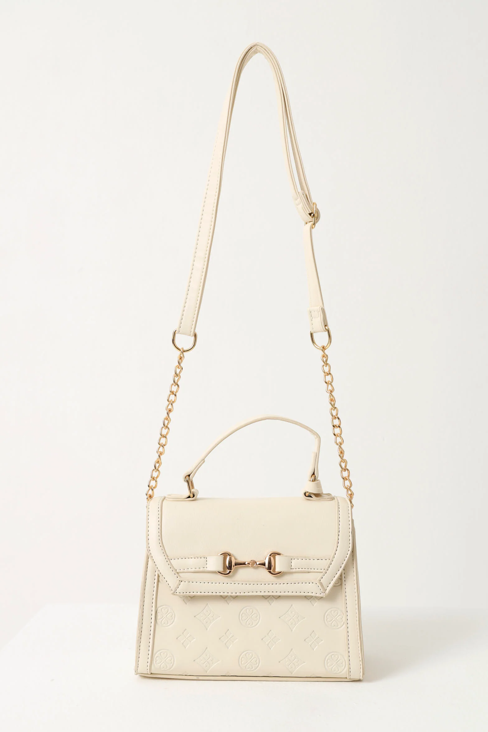 Embossed Logo Tab Charm Metal Clasp Satchel Bag -  Cream - Image 2