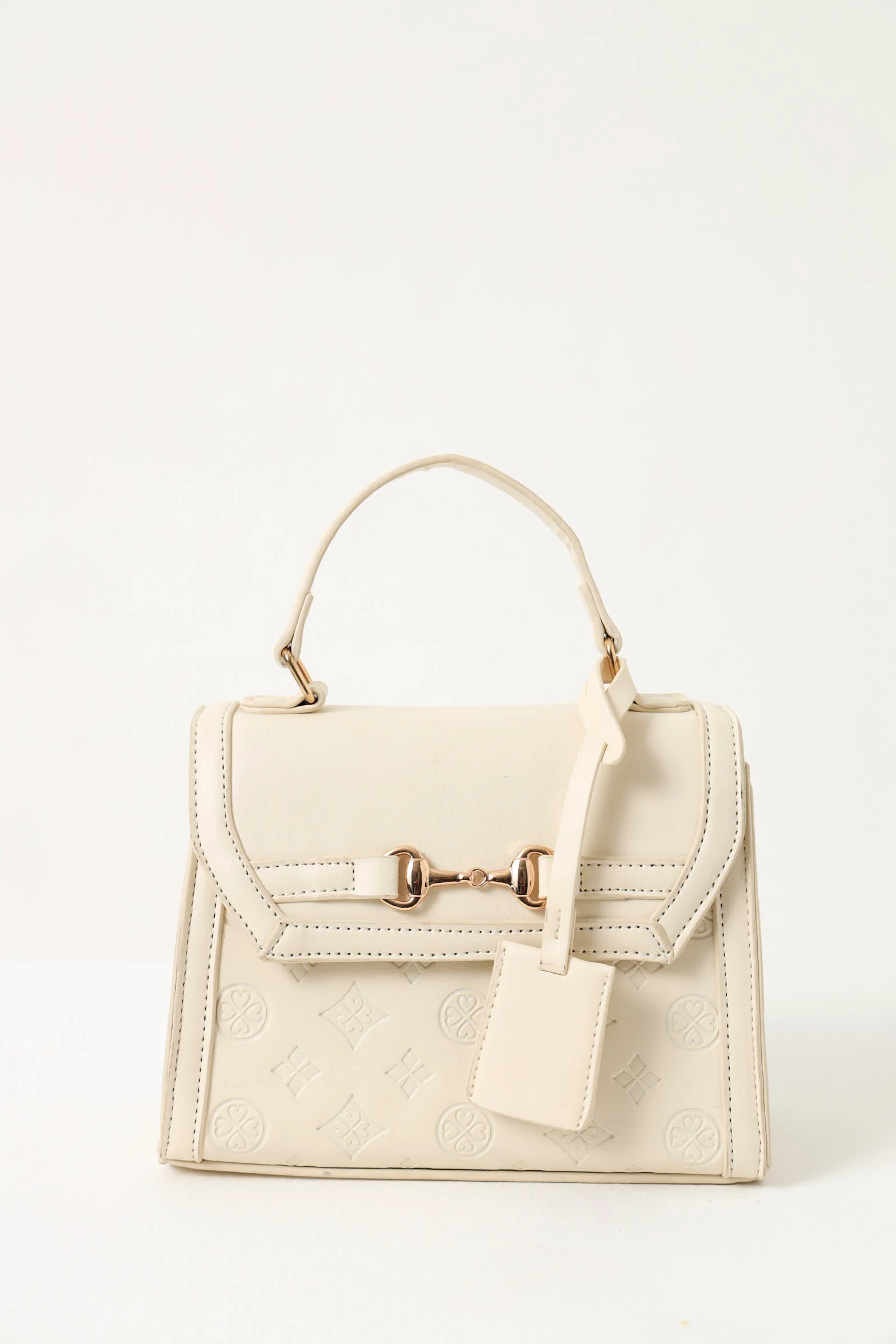 Embossed Logo Tab Charm Metal Clasp Satchel Bag -  Cream - Image 3