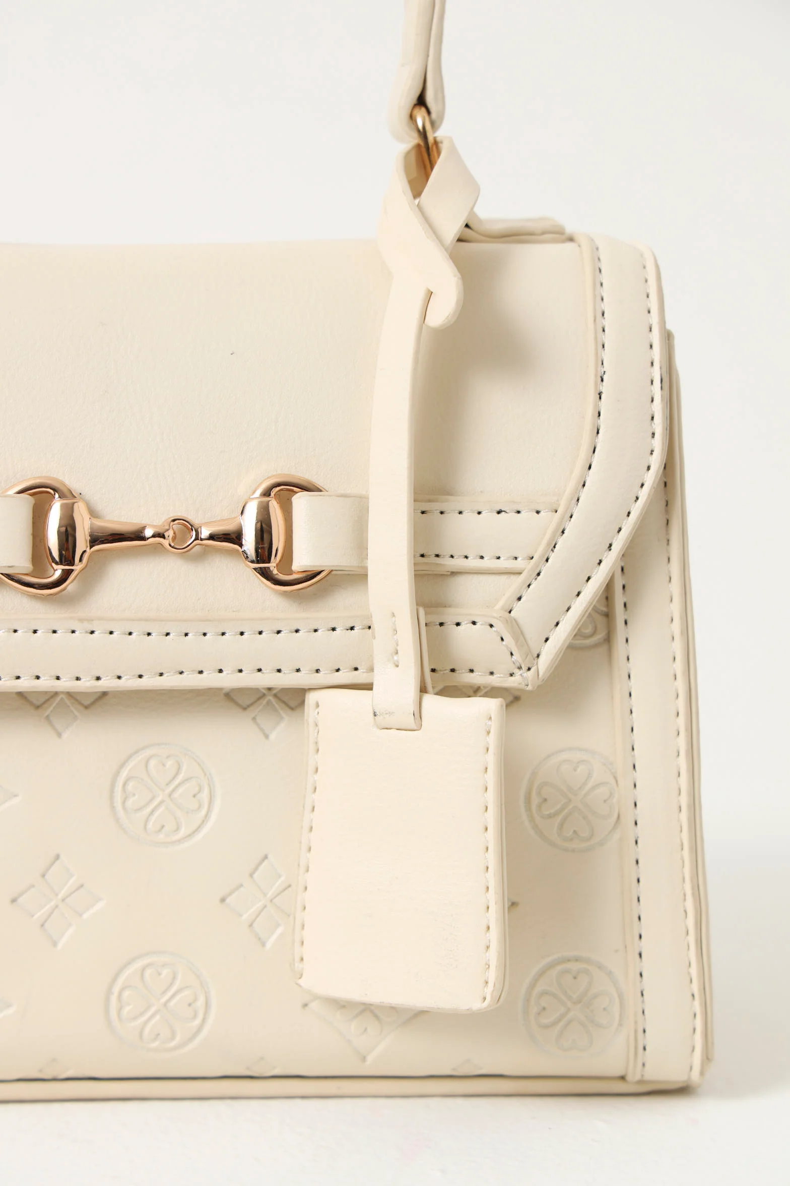 Embossed Logo Tab Charm Metal Clasp Satchel Bag -  Cream - Image 4