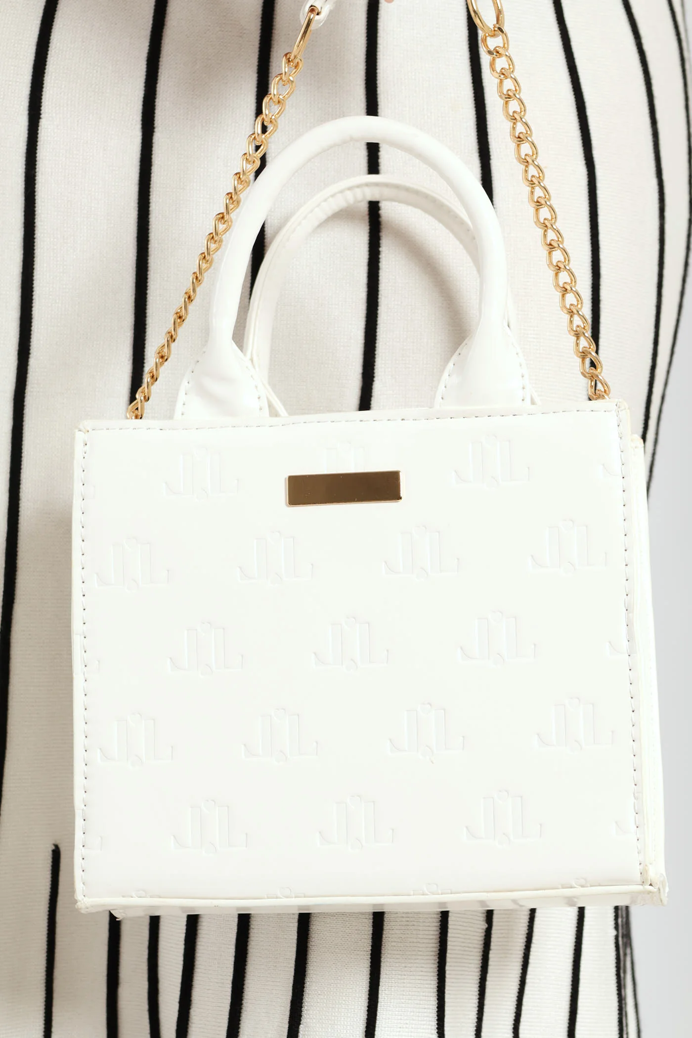 Embossed Monogram Chain Tote Bag - White