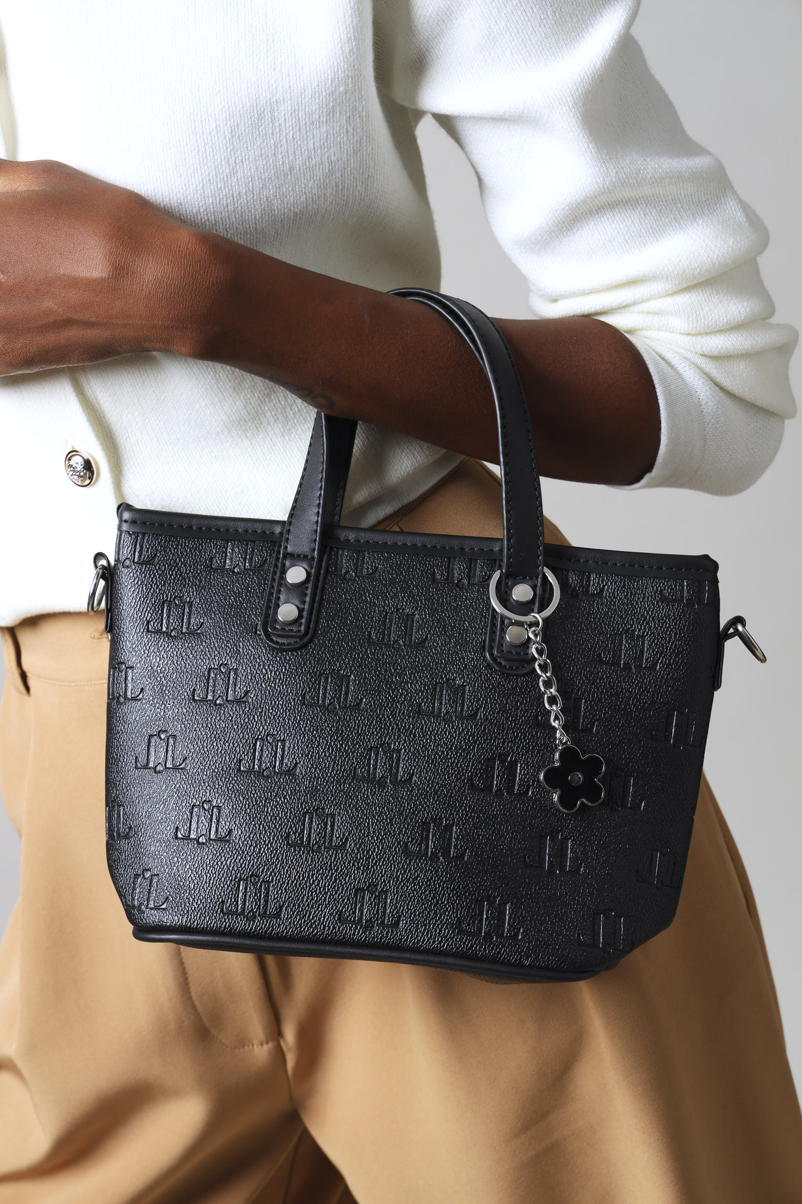Embossed Monogram Epoxy Flower Charm Tote Bag - Black
