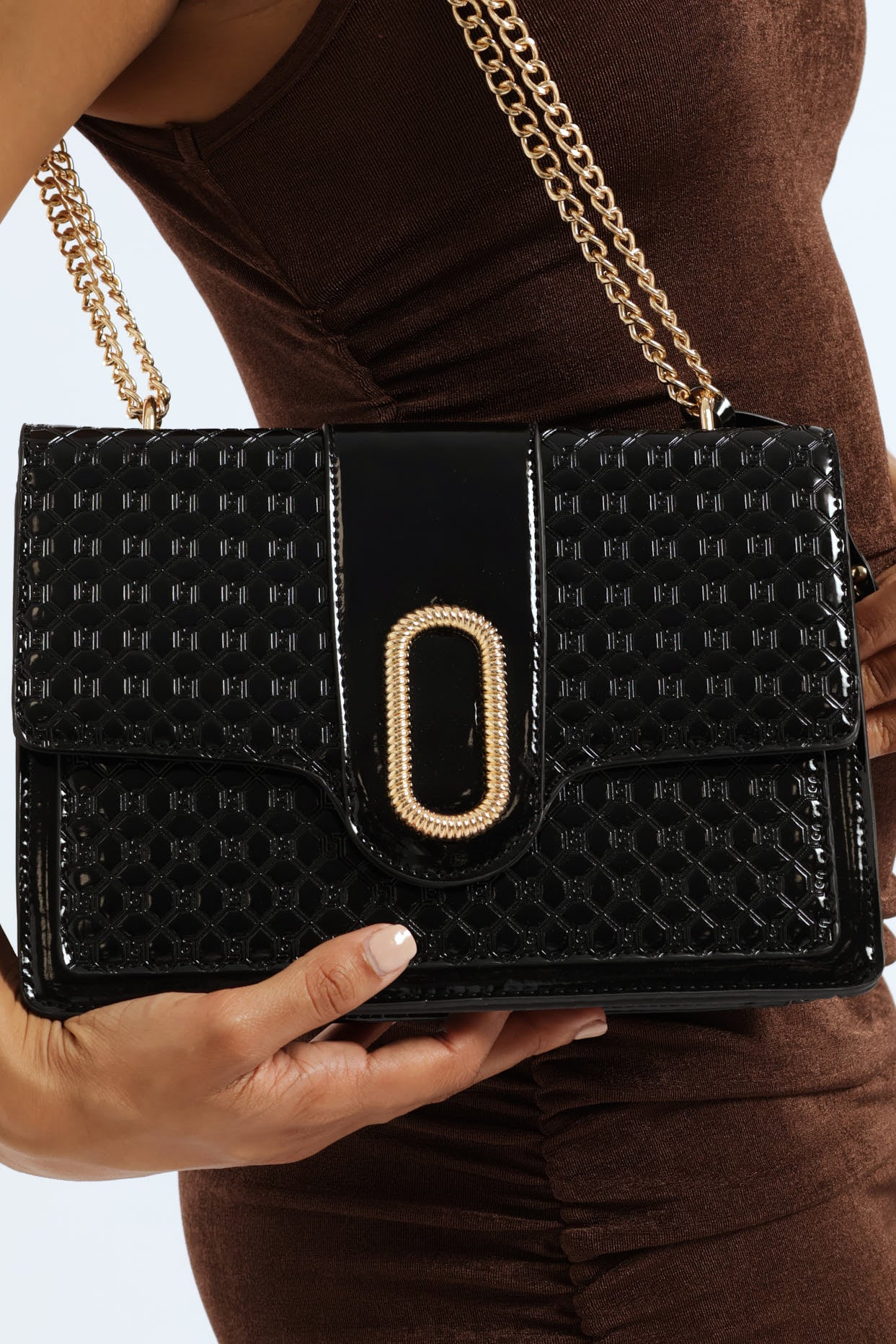 Embossed Monogram Metal Logo Charm Detail Satchel Bag - Black