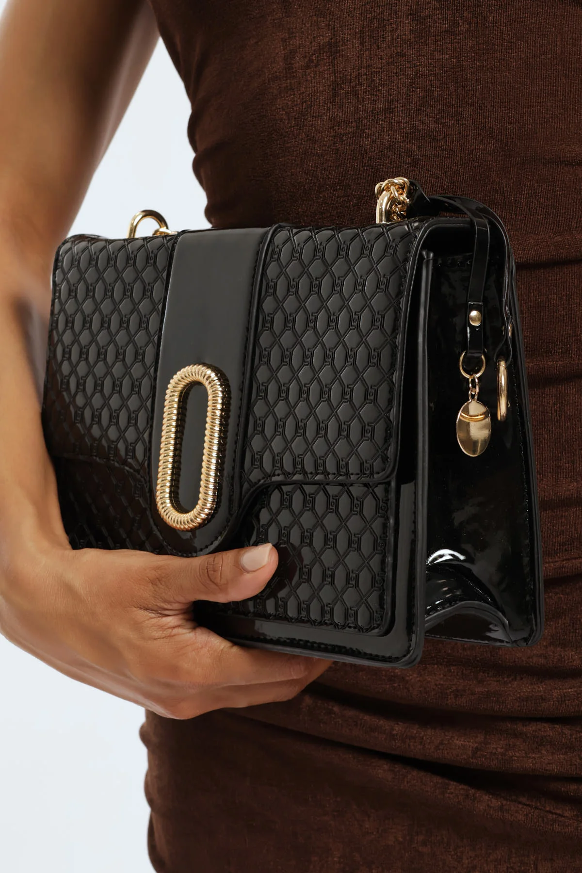 Embossed Monogram Metal Logo Charm Detail Satchel Bag - Black - Image 3