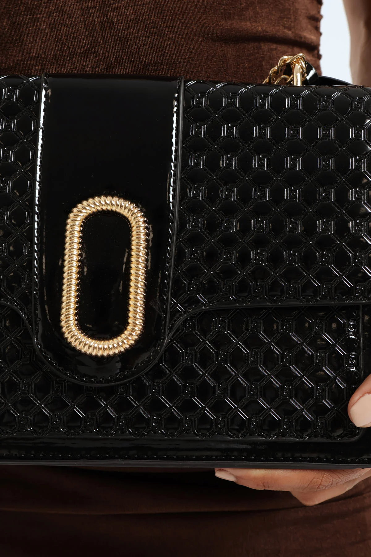 Embossed Monogram Metal Logo Charm Detail Satchel Bag - Black - Image 4