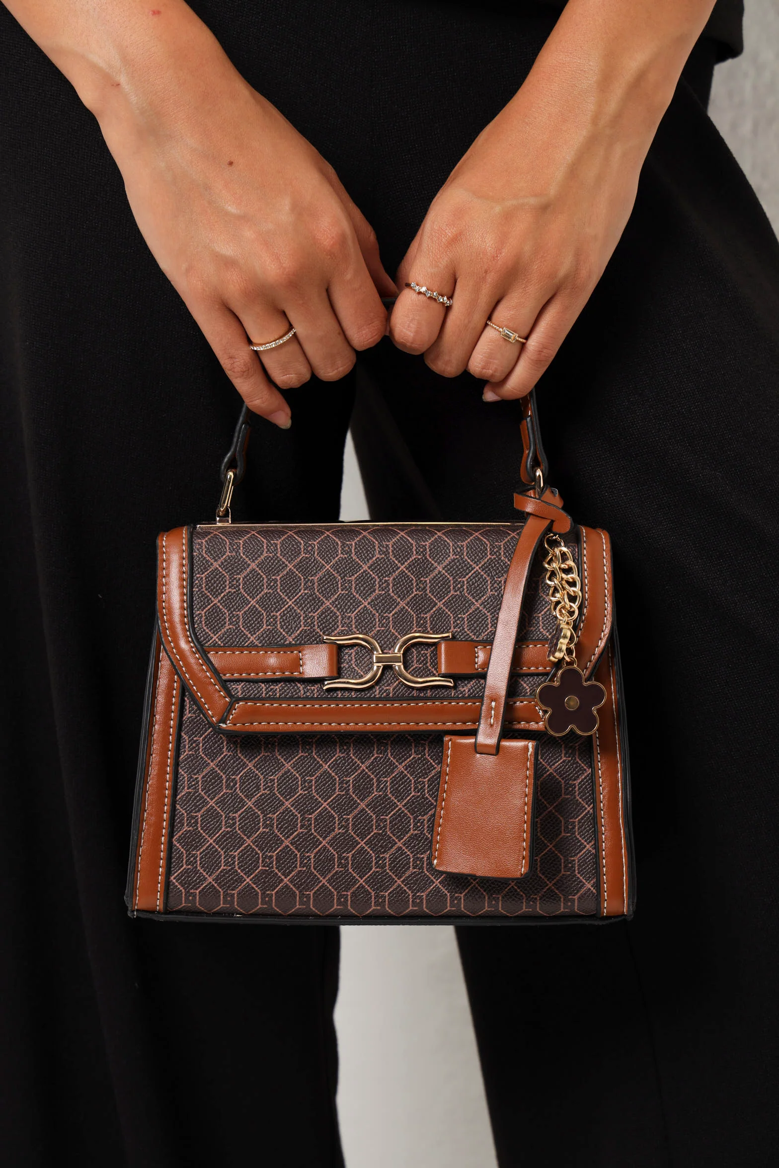 Embossed Monogram Multi Flower Charm Satchel - Brown