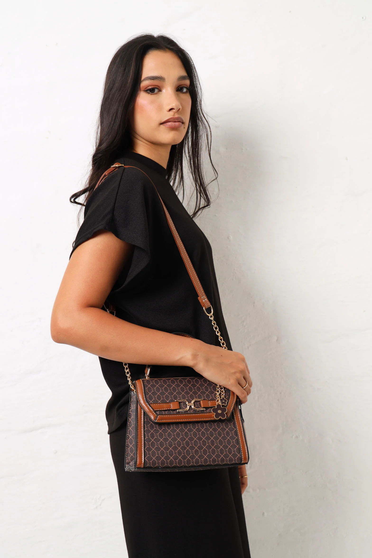 Embossed Monogram Multi Flower Charm Satchel - Brown - Image 6