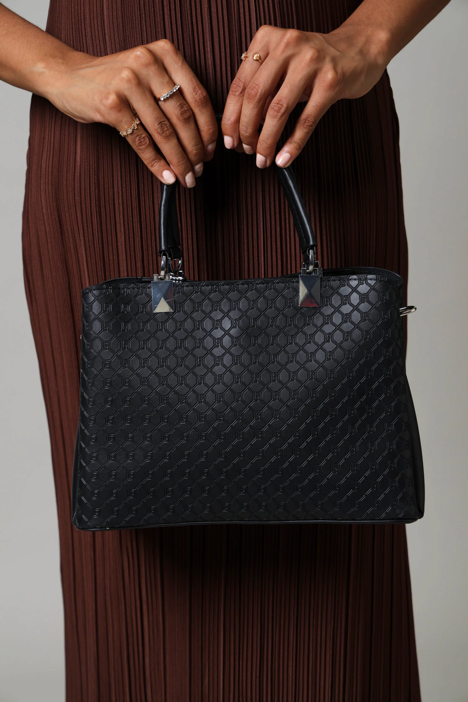 Embossed Monogram Shopper Bag - Black - Image 5