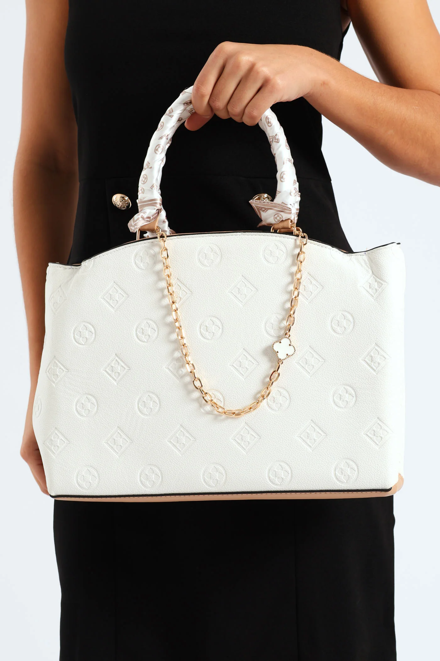 Embossed Scarf Handle And Charm Detail Shopper Bag - White