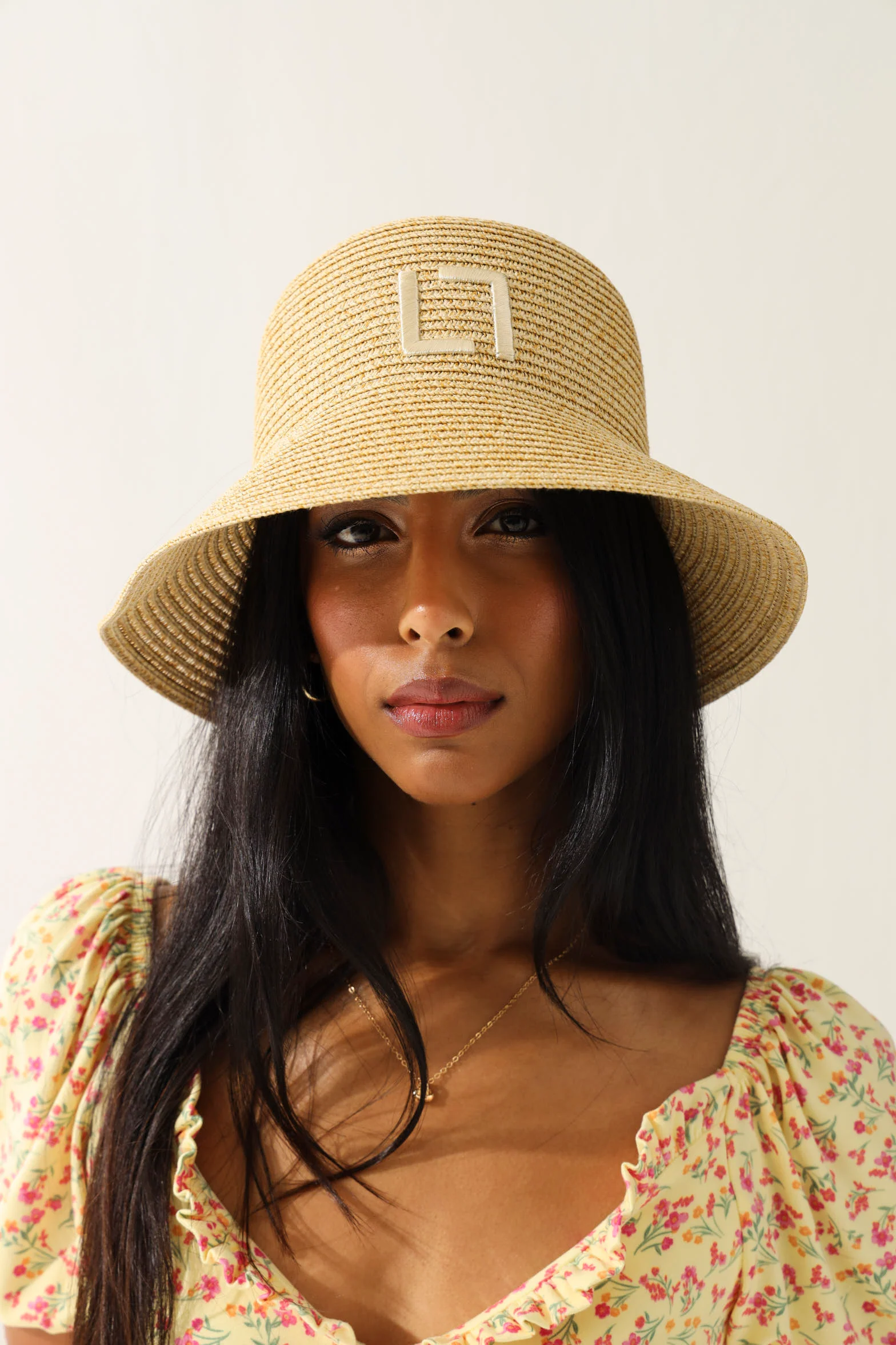 Embroidered Logo Straw Bucket Hat - Natural - Image 2